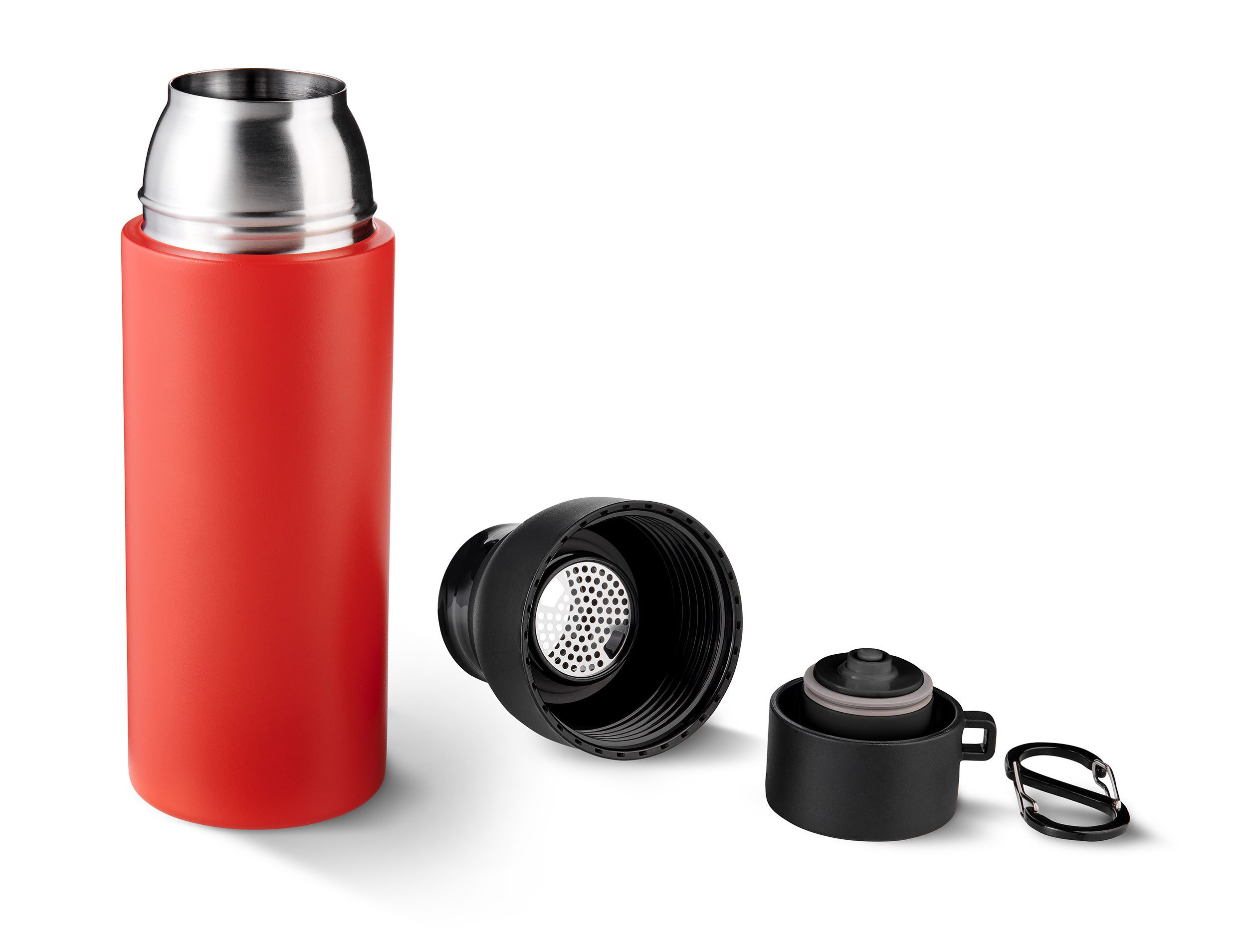 TROIKA Thermoflasche INFUSE+ 500ml, aus Edelstahl mit Vakuum Isolierung, 12h heiß 24h kalt, mit Einhandverschluss, Sieb & Karabiner, auslaufsicher