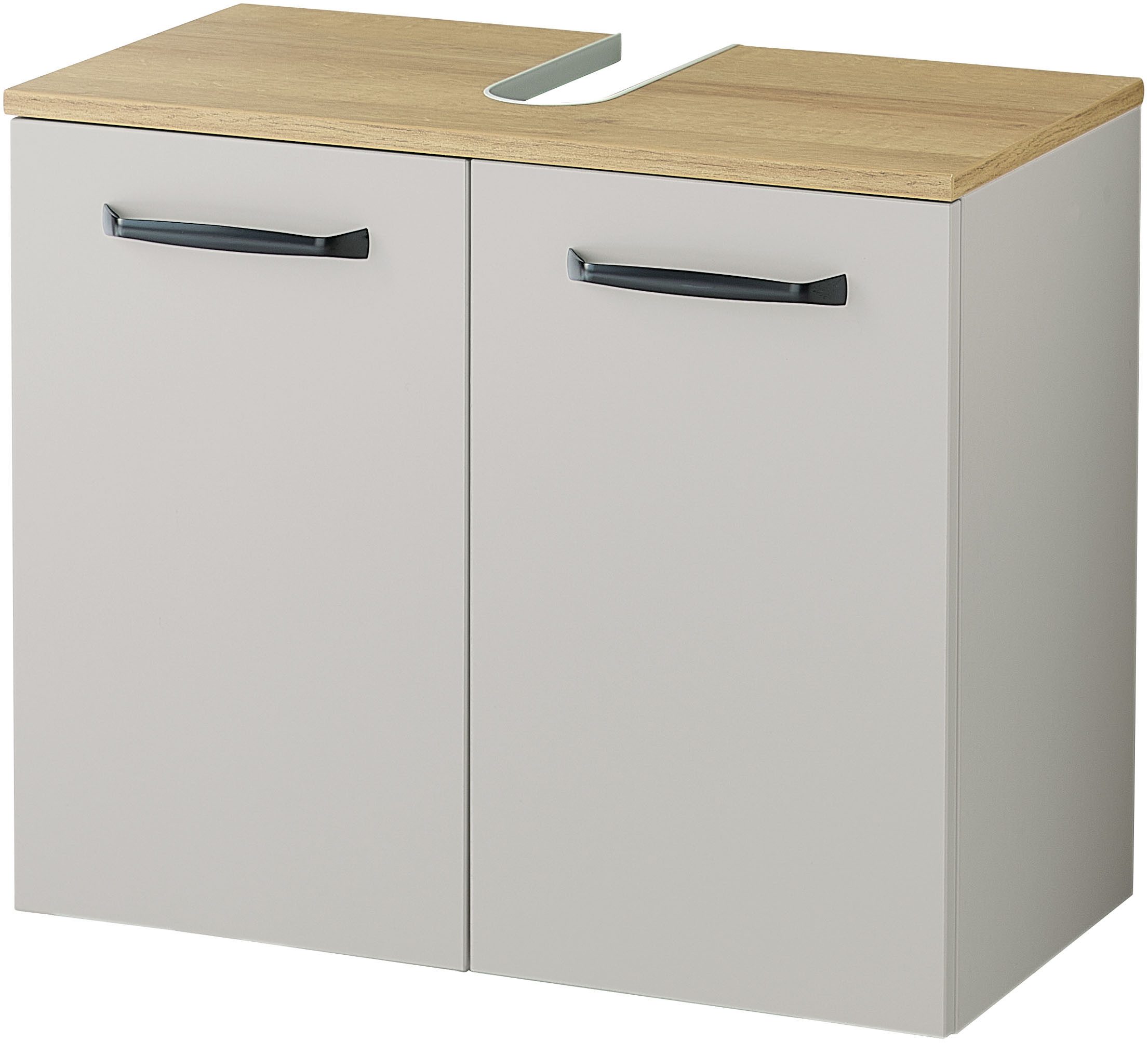 Saphir Waschbeckenunterschrank Quickset 500, 2 Türen, Siphonausschnitt Waschbeckenschrank inkl. Türdämpfer, Griffe in Schwarz