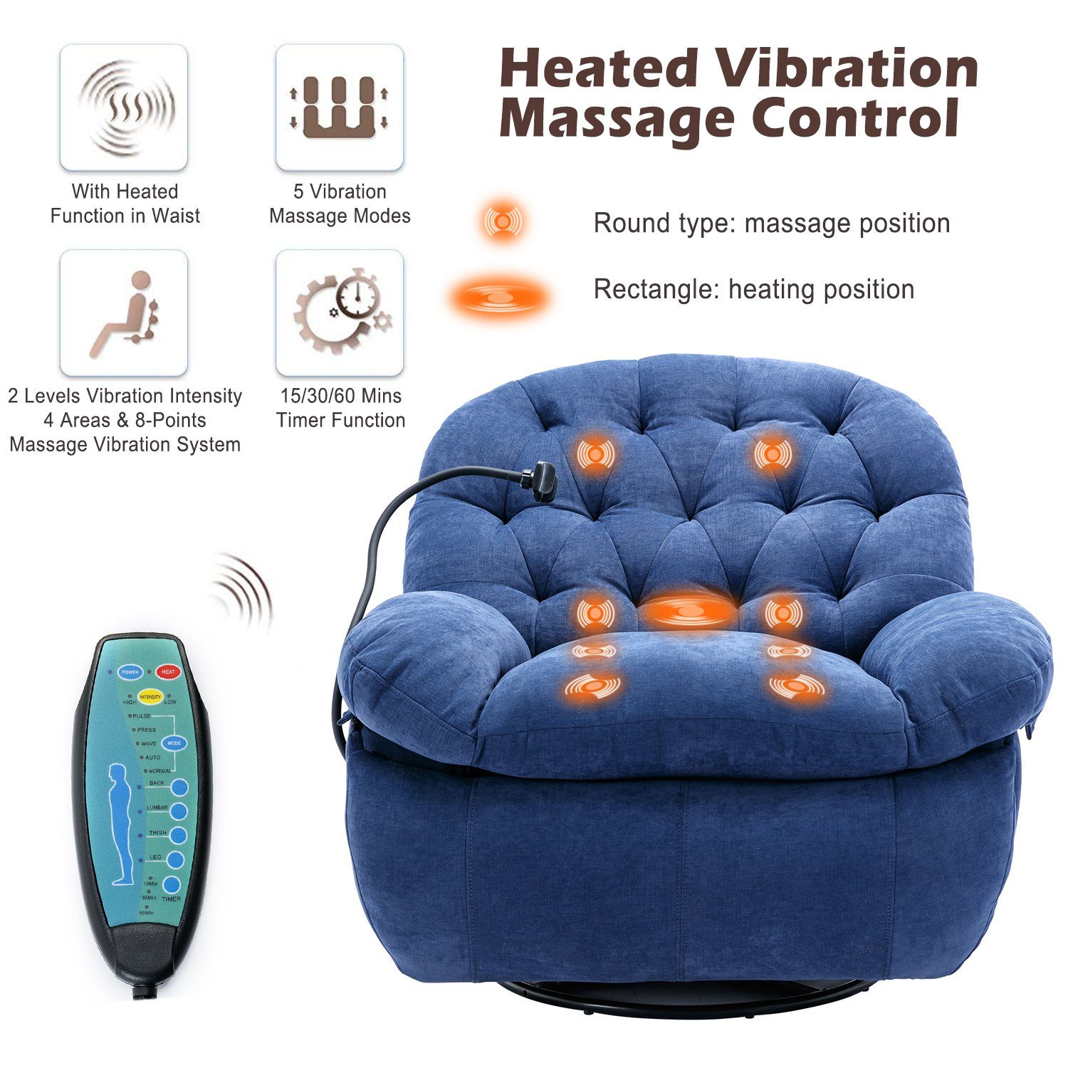 und Fernsehsessel Merax mit TV-Sessel Timer, Relaxsessel Vibration mit 360° Massagesessel Drehfunktion Wärmefunktion, Blau Fernbedienung, mit und