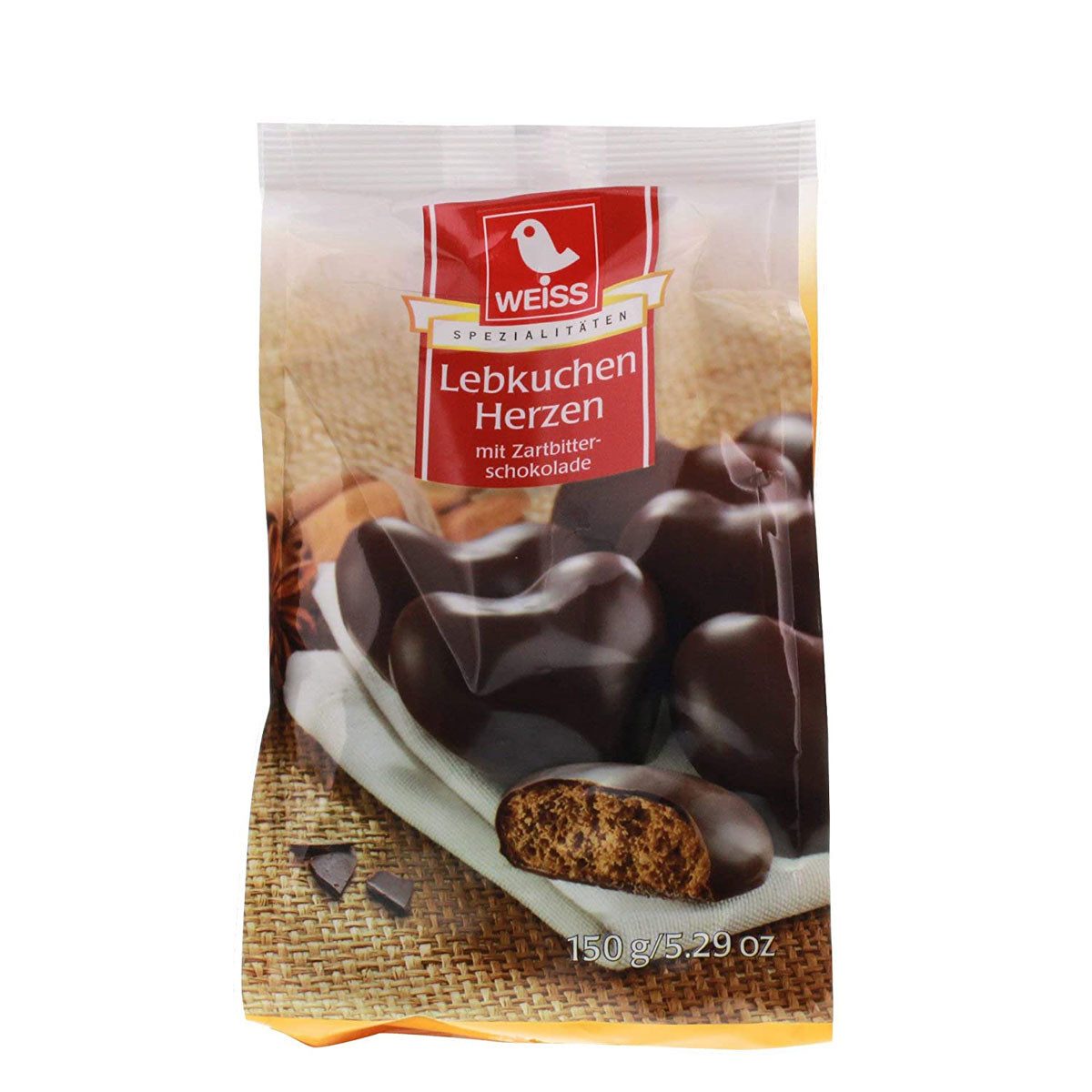 WEISS Süßigkeit, Weiss Lebkuchen Herzen mit Zartbitterschokolade ungefüllt 150g