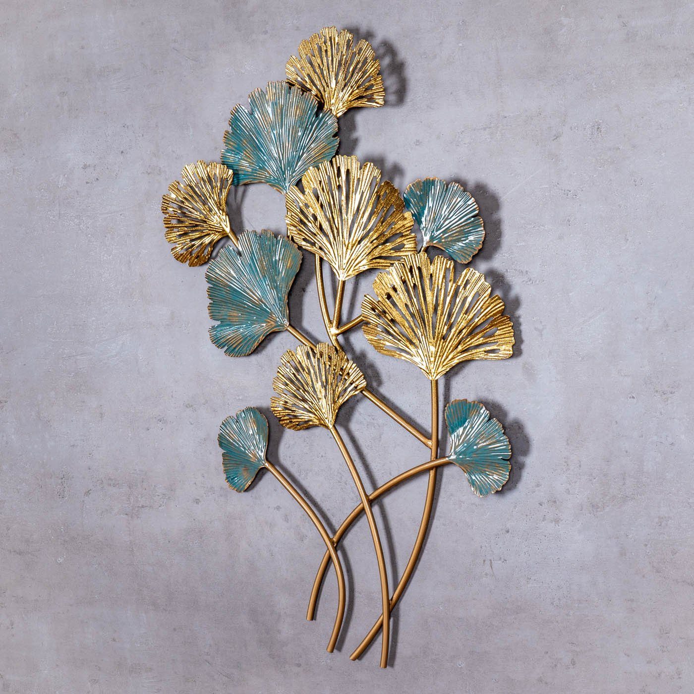 Levandeo® Metallbild, Wandbild 48x76cm Gold Blau Ginkgo Metall-Bild Wand-De günstig online kaufen