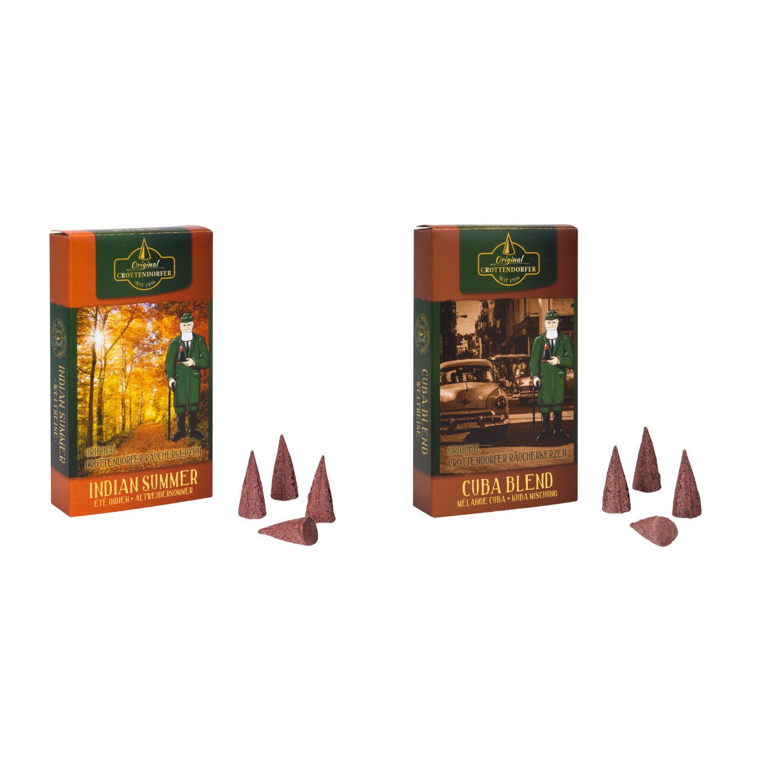 Crottendorfer Duftkerze Räucherkerzen 2er Set - Cuba Blend + Indian Summer - je 24 Stück, Räucherkerzen der Größe M - 10-15 min Brenndauer - Made in Germany