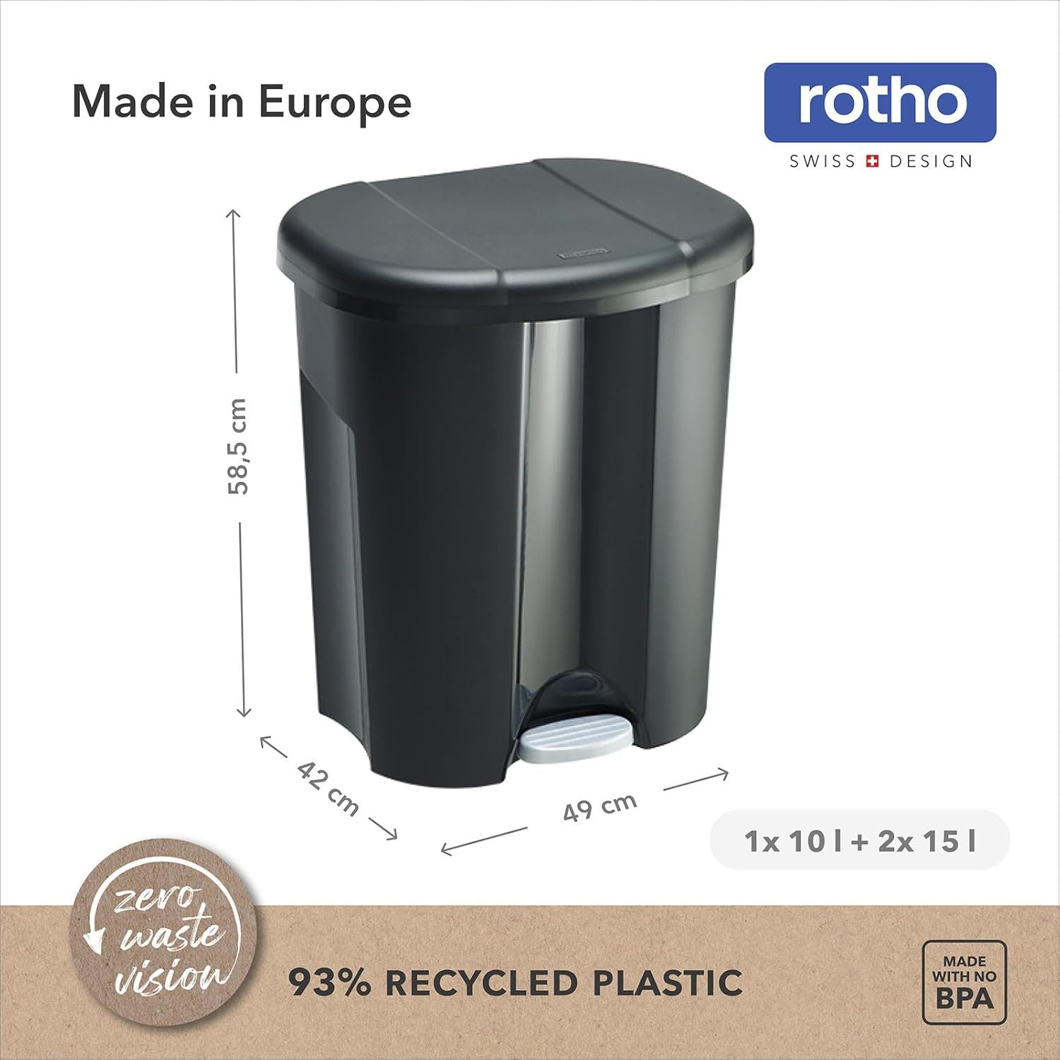 ROTHO Mülleimer Trittabfalleimer TRIO 1 x 10 l, 2 x 15 l je 3 Einsätzen – Bild 4 von 5