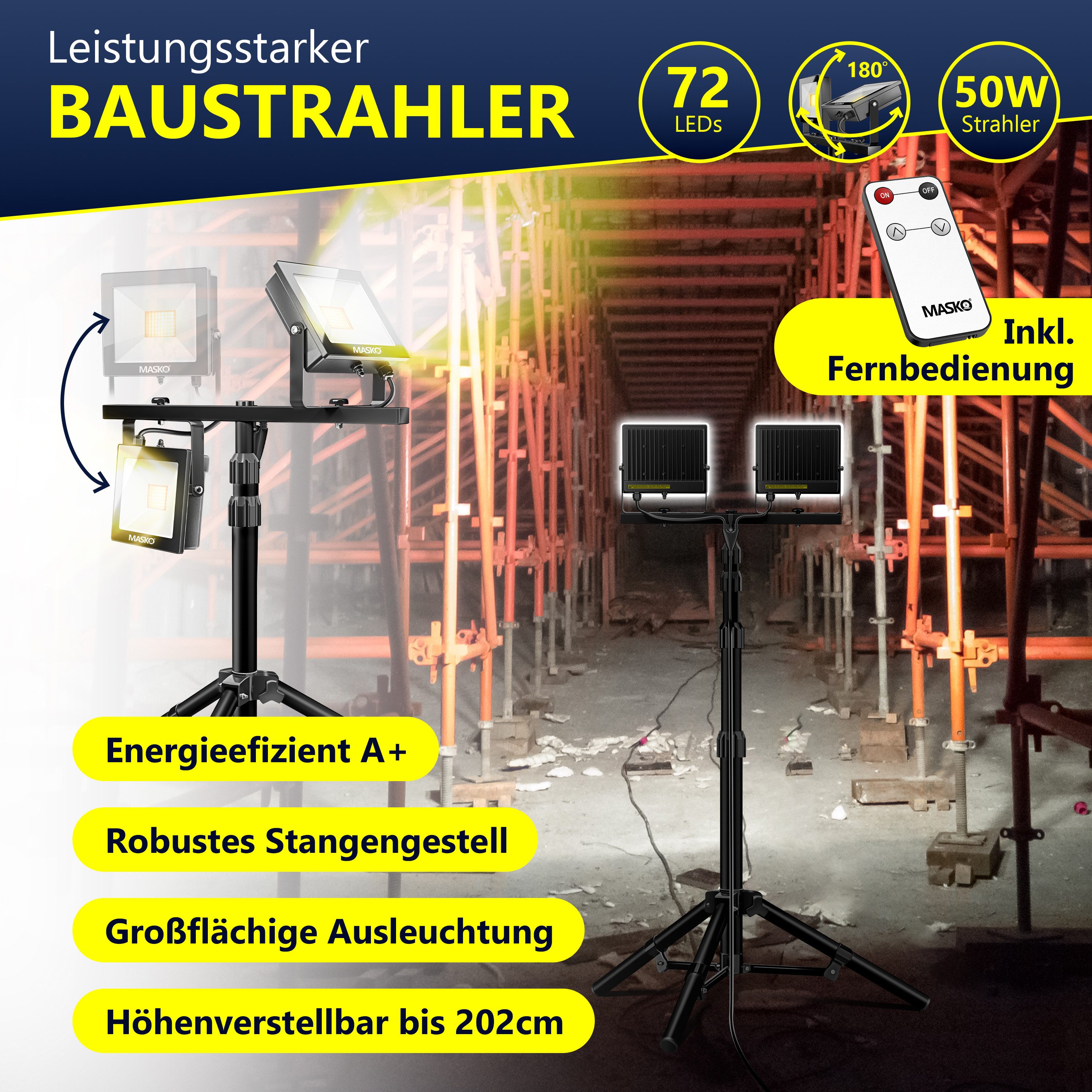 MASKO LED Baustrahler LED Fluter mit Stativ höhenverstellbar bis 202cm, 800 günstig online kaufen