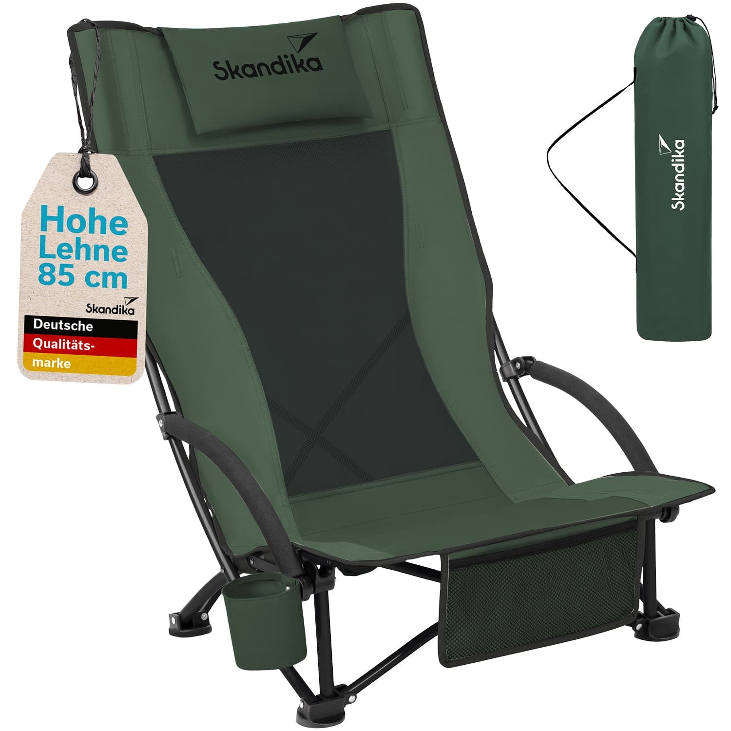 Skandika Campingstuhl Beach, Strand Stuhl, Hohe Rückenlehne, Klappstuhl, max. 136 kg (Extra breite Füße, Organizer-Tasche, robuste Stahlgestell), mit atmungsaktivem Mesh, Getränkehalter, Vordertasche, Kopfkissen