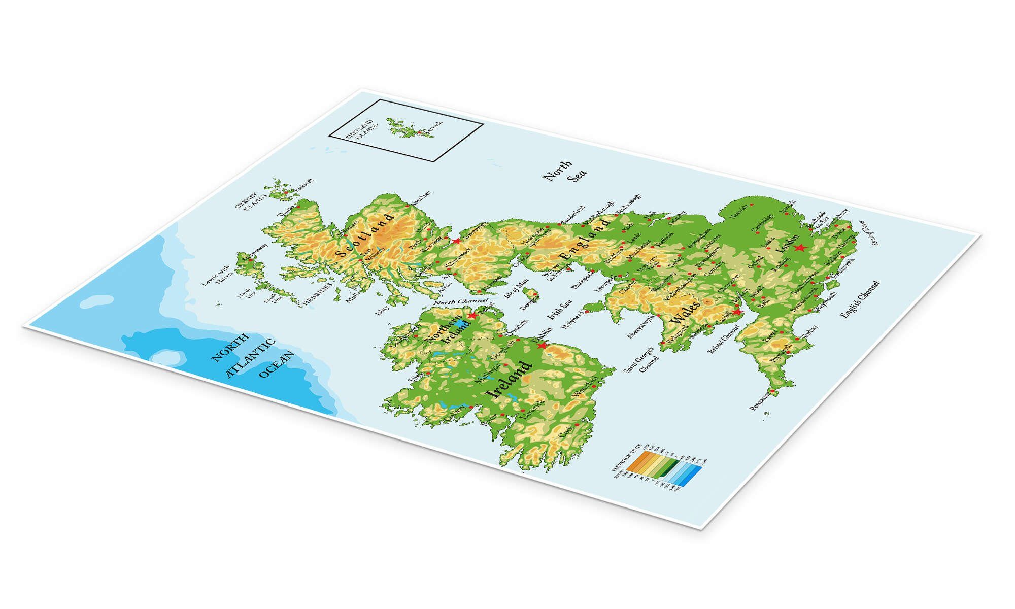 Posterlounge Poster Editors Choice, Topografische Karte von Großbritannien günstig online kaufen