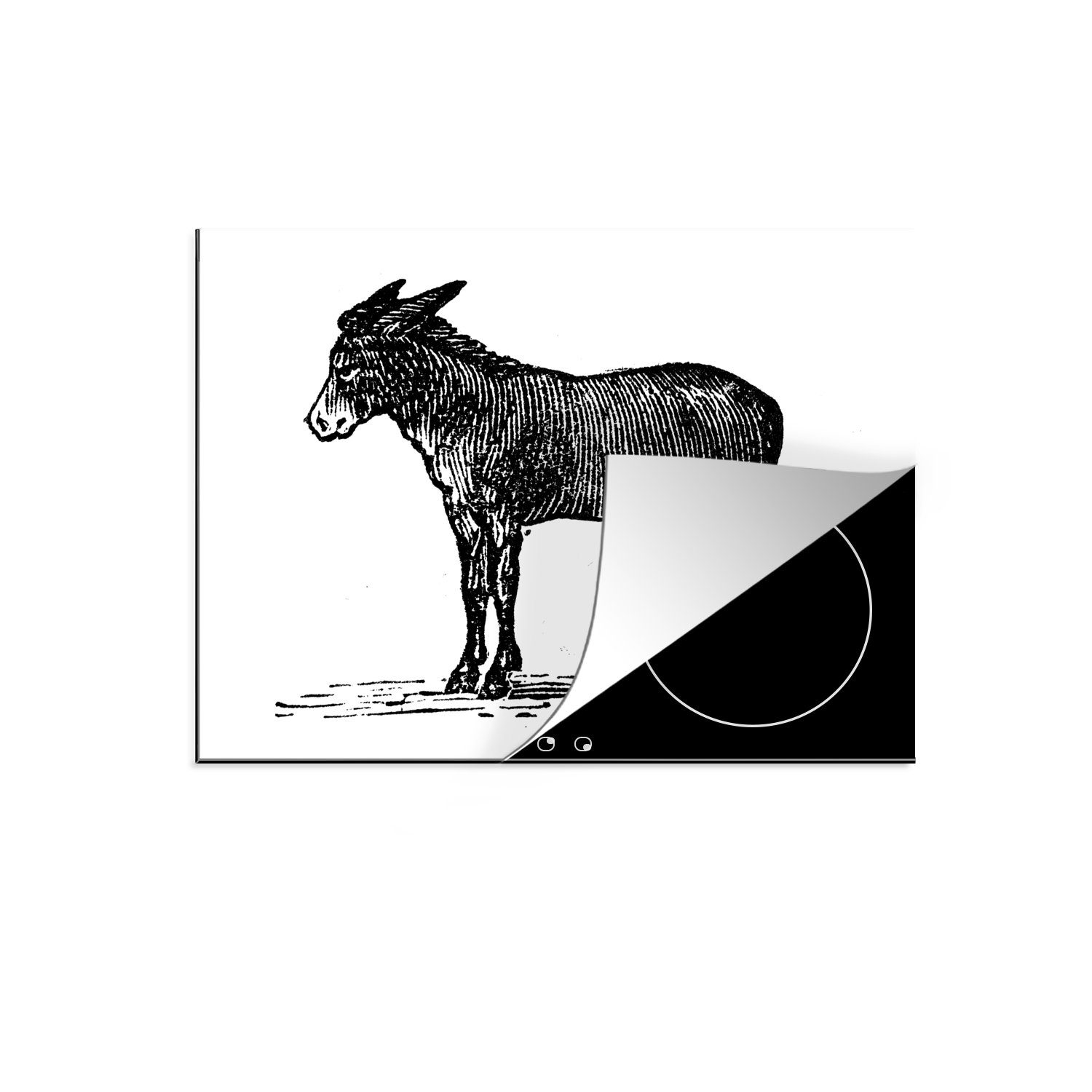 MuchoWow Herdblende-/Abdeckplatte Eine Illustration eines schwarzen Esels, Vinyl, (1 tlg), 70x52 cm, Mobile Arbeitsfläche nutzbar, Ceranfeldabdeckung