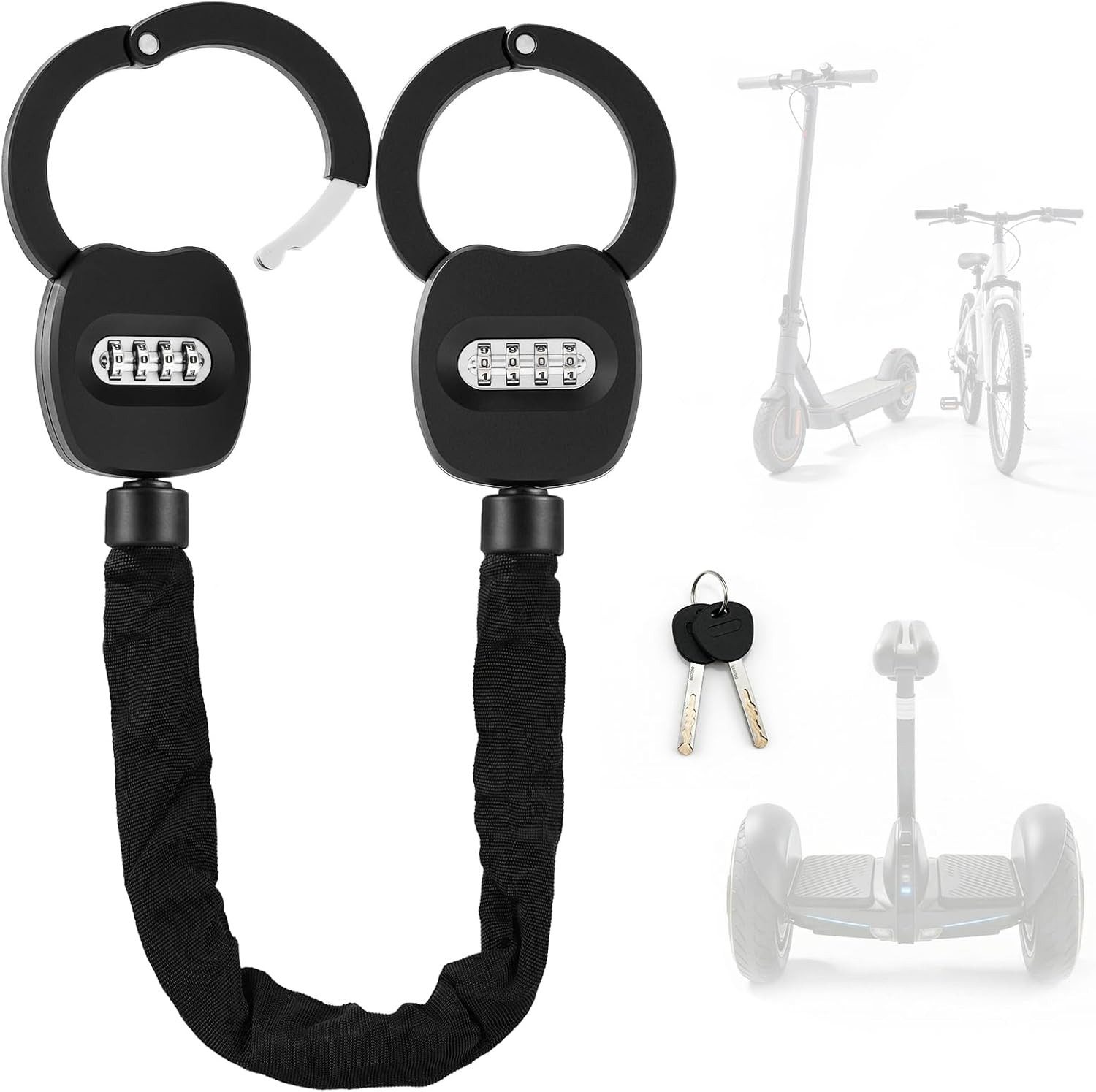 TLGREEN Kettenschloss 93cm Handschellenschloss 4-Stelliges Zahlenschloss (6mm Stahlkette 360° Drehbar, IPX4 Wasserdicht Kettenschloss), für E-Scooter Fahrrad E-Bike