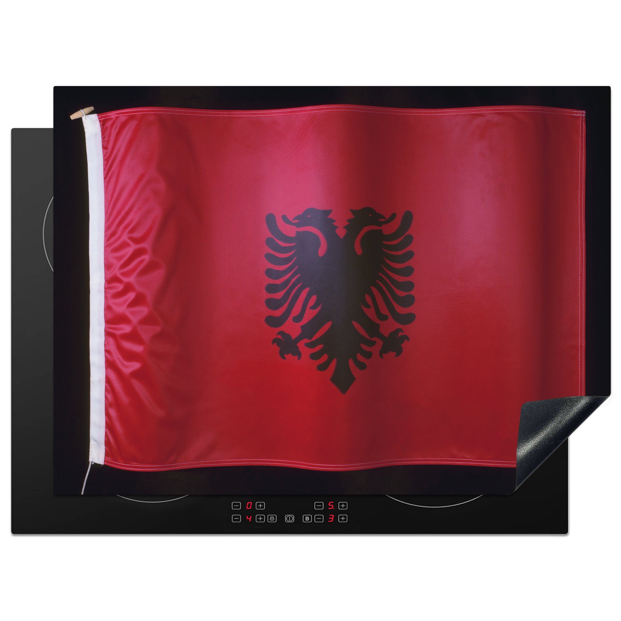 MuchoWow Herdblende-/Abdeckplatte Die Flagge von Albanien auf schwarzem Hintergrund, Vinyl, (1 tlg), 71x52 cm, Induktionskochfeld Schutz für die küche, Ceranfeldabdeckung