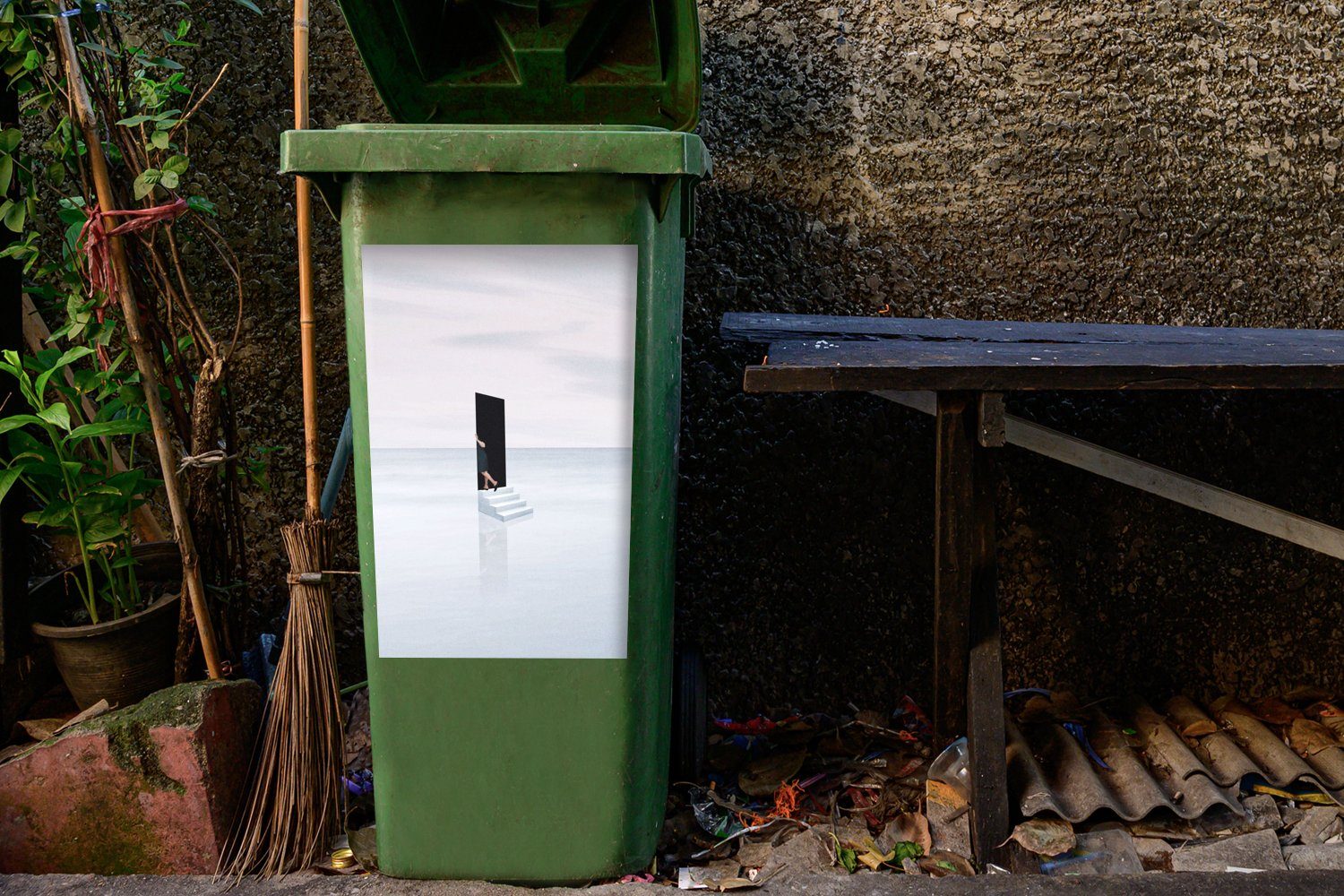 MuchoWow Wandsticker - Treppe Sticker, - (1 Abstrakt - Mülleimer-aufkleber, Container, St), Frau Abfalbehälter Tür Mülltonne