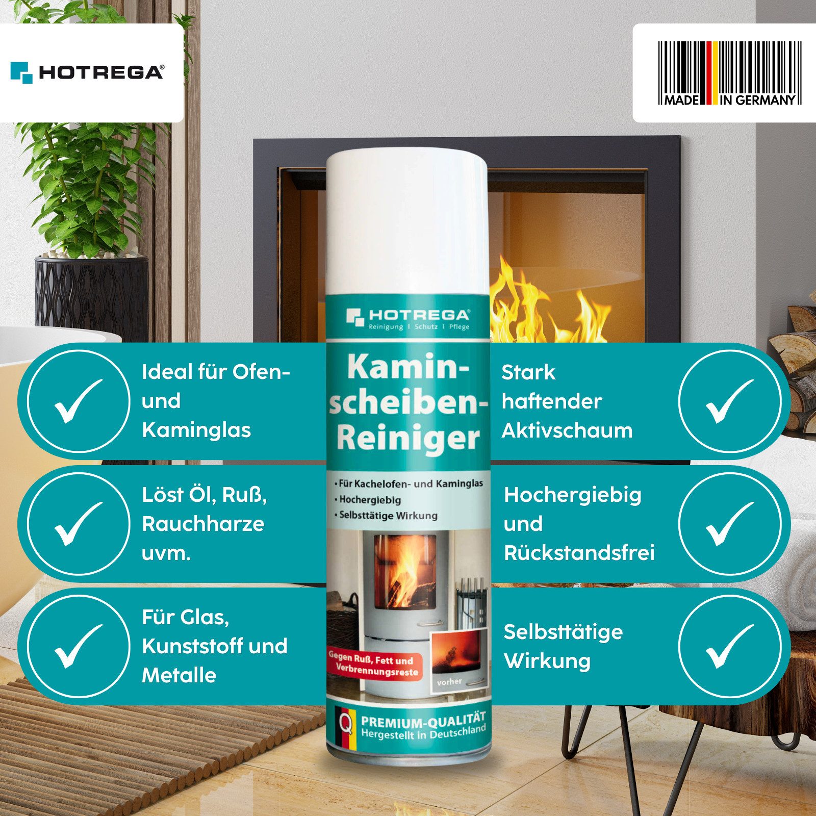 HOTREGA® Kaminscheibenreiniger Ofenreiniger Ruß Harz Glas 300ml Microfasertuch Scheibenreiniger