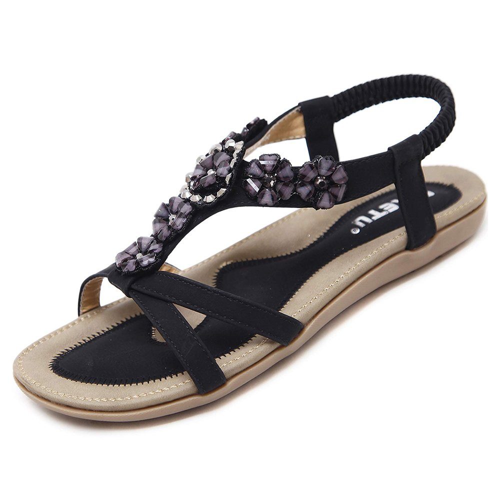 GelldG Flache Sandalen Damen Sommer Freizeit Zehentrenner mit Weiche Fußbett Riemchensandale