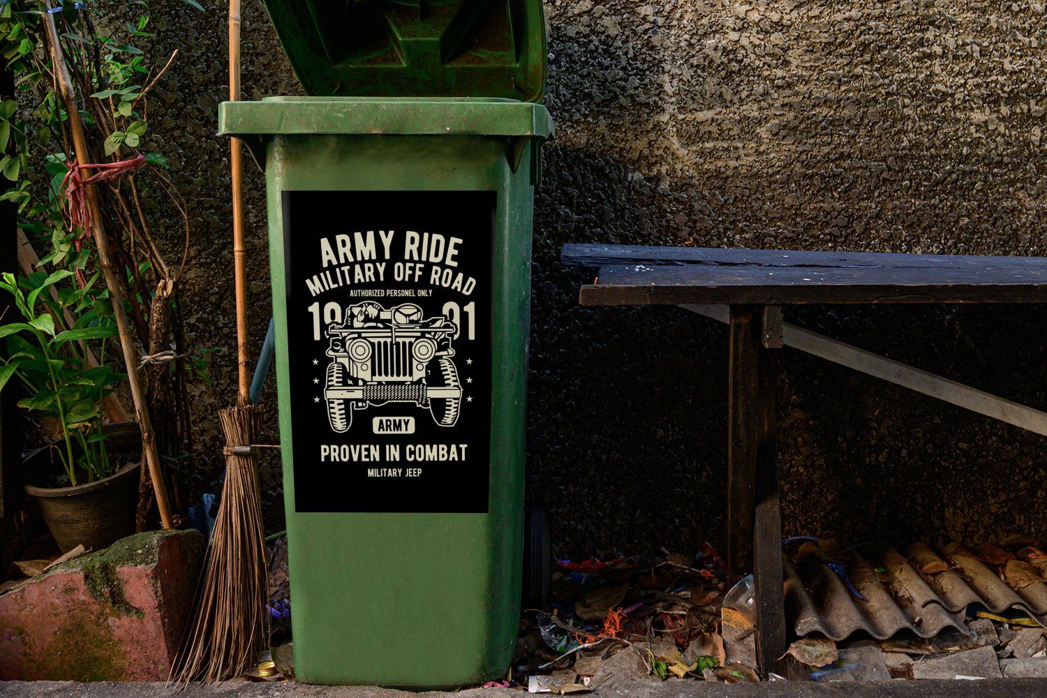 Abfalbehälter - Mülltonne, - Mülleimer-aufkleber, - Wandsticker MuchoWow Mancave Sticker, St), - Armee Vintage Container, Auto (1 Schwarz