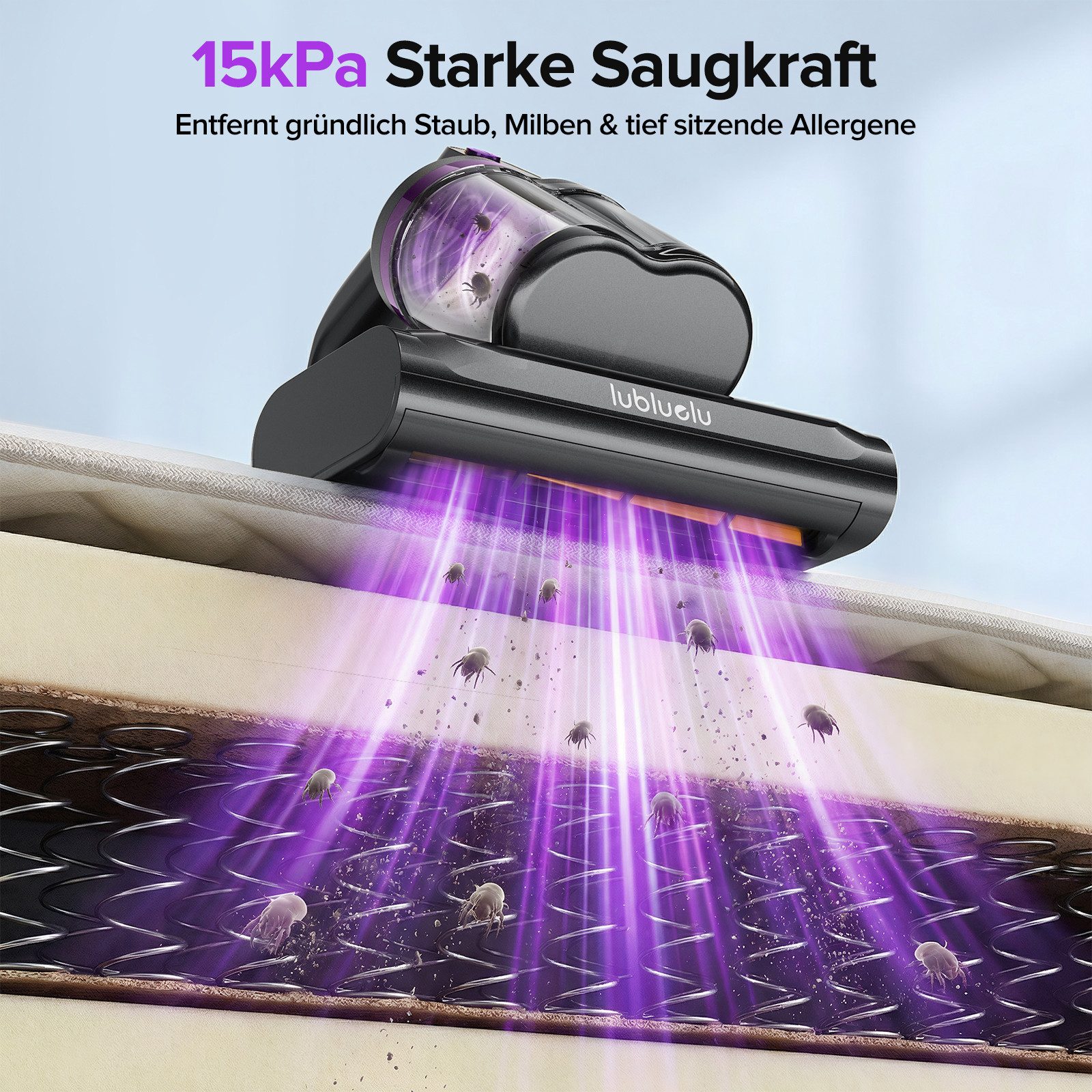 lubluelu Matratzenreinigungsgerät Milbenstaubsauger mit UV-C-Licht Milben-Handstaubsauger, 350 W, beutellos, 15KPA,Ultraschall,55°C Heißluft,doppelter Zyklon