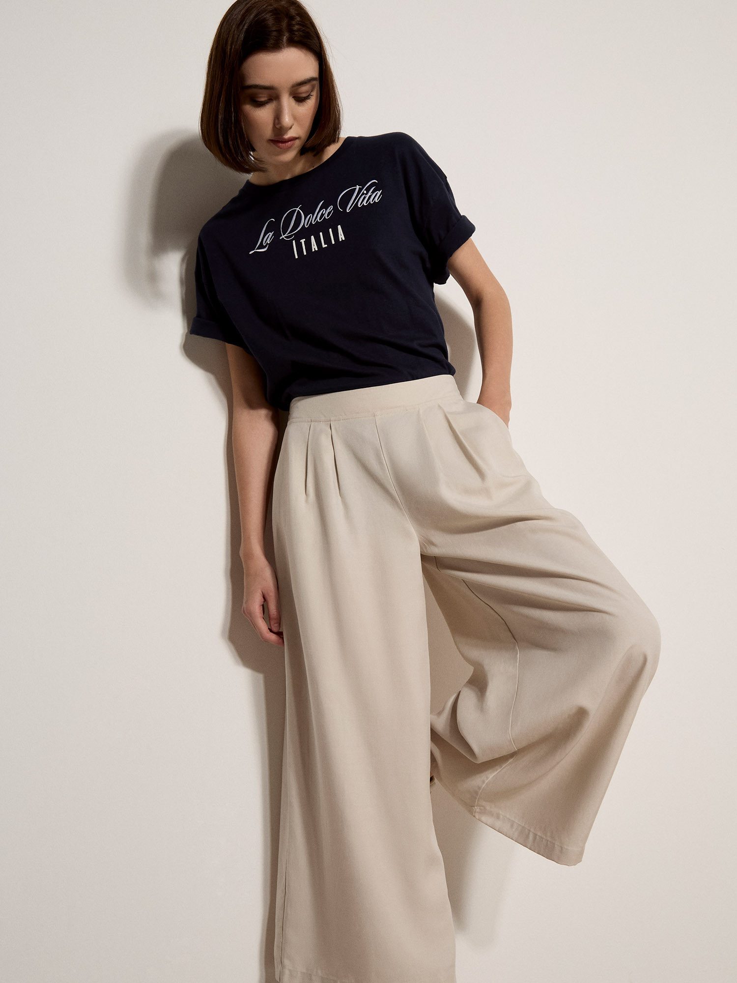 Apricot Palazzohose Slub-Leinenhose mit weitem Bein Einfarbig günstig online kaufen