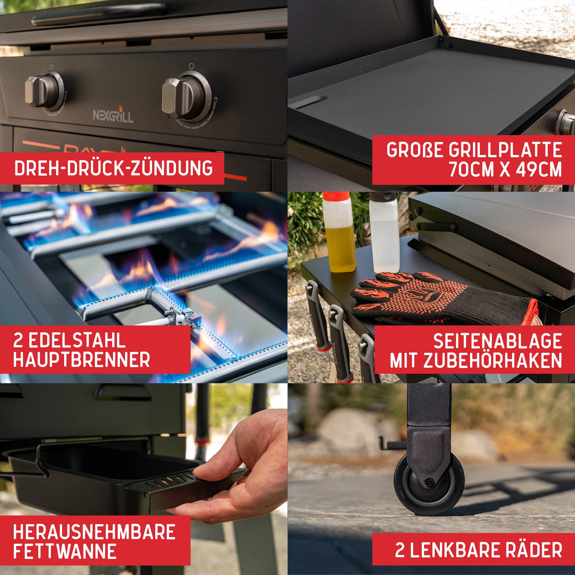 nexgrill Gasgrill Daytona 2B 2-Brenner Plancha Gasgrill, Grillplatte mit Keramikbeschichtung 70x49cm, 10 kW Gesamtleistung – Bild 4 von 5