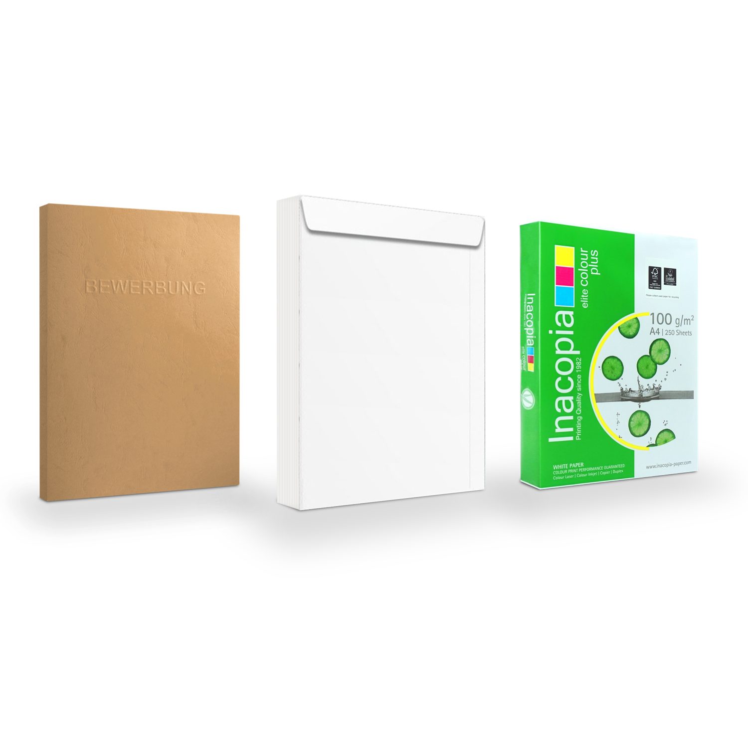 STRATAG Bewerbungsmappe 10 Stk Bewerbungsset 3-tlg + 250 Blatt Papier + 10 B4 Versandtaschen (Spar-Set, 10-St., in feinster Lederoptik mit Reliefprägung BEWERBUNG), direkt vom Hersteller STRATAG - handgefertigt in Deutschland