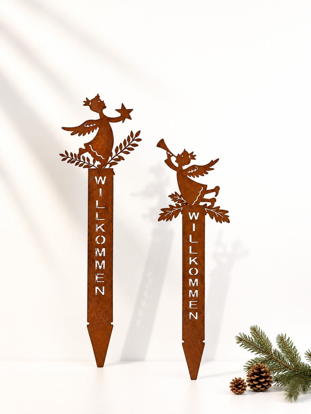 Wurm Gartenstecker 2er Set Gartenstecker Willkommen Engel Metall Rostoptik 41 cm (2-St., 2er Set)
