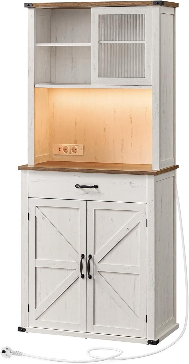 VASAGLE Buffet Sideboard, Küchenschrank, Aufbewahrungsschrank, 39,7 x 80,4 x 180,3 cm (mit Beleuchtung und Ladestation) mit Türen, Schubladen, verstellbare Ablagen, Landhausstil, vintageweiß