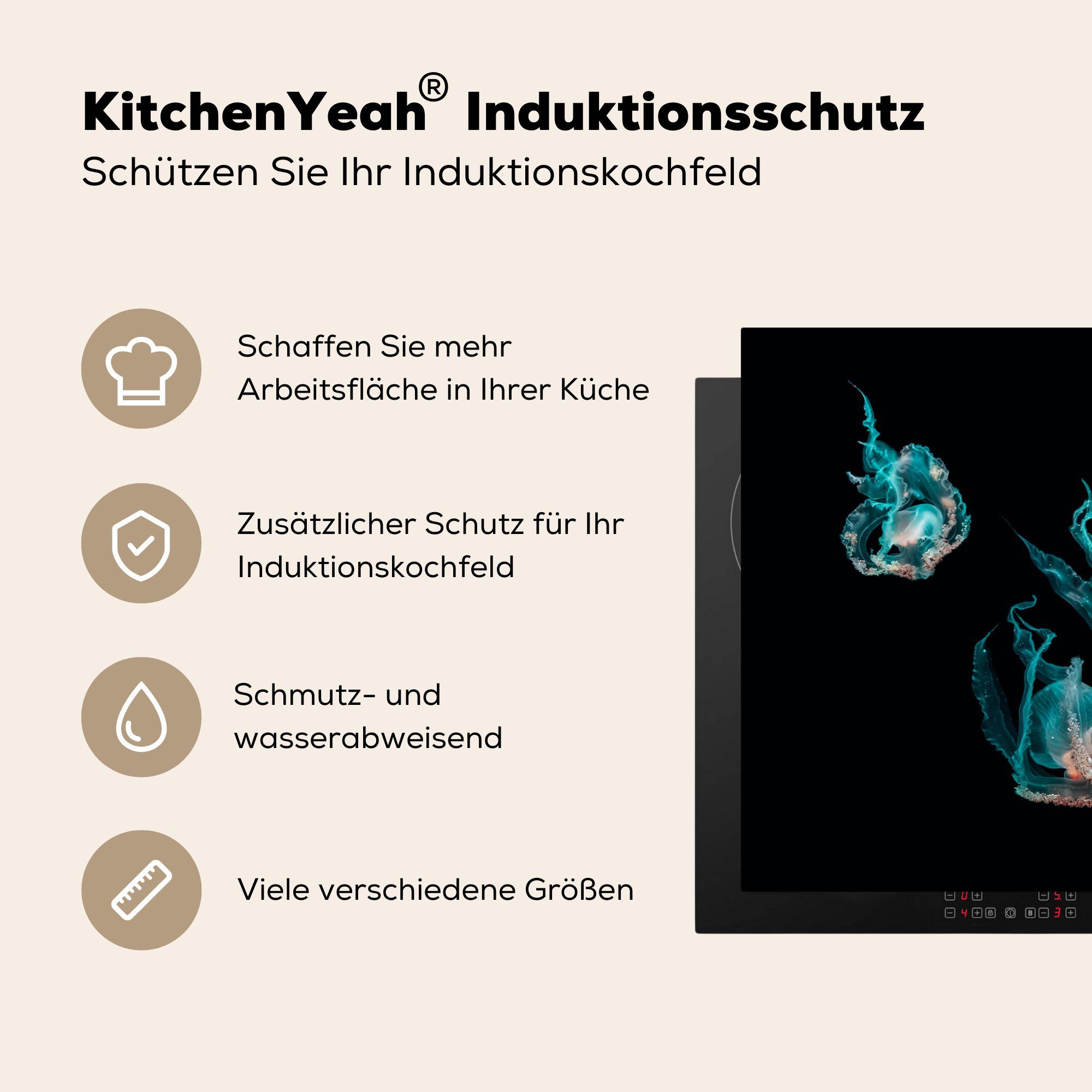 Induktionskochfeld tlg), 71x52 - Schutz (1 Schwarz, Ceranfeldabdeckung - Vinyl, für Quallen die Herdblende-/Abdeckplatte Meerestiere cm, MuchoWow küche,