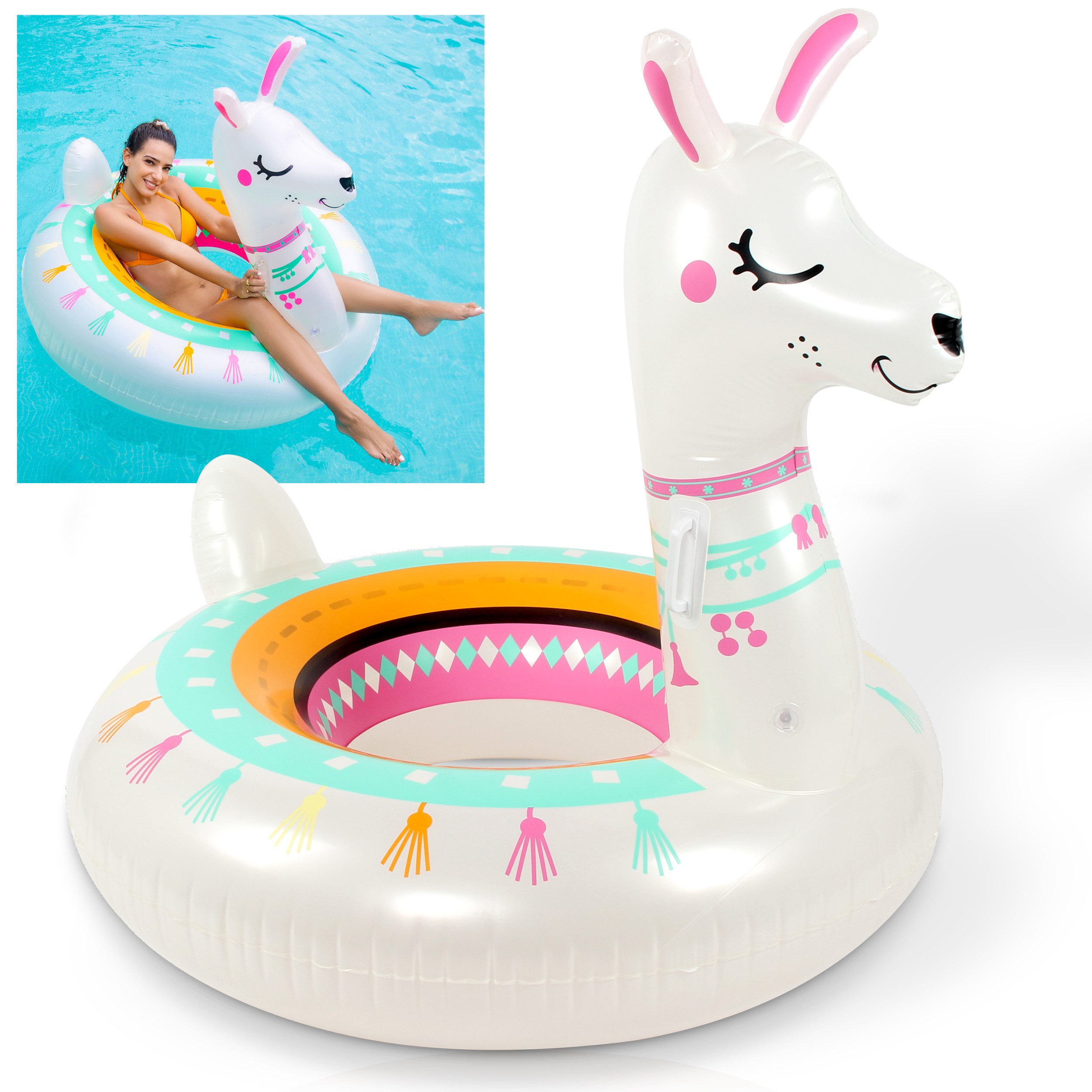 Onbest Schwimmtier Lama aufblasbar inklsuive Flickset, 80kg Belastbarkeit, hautfreundliches PVC, XXL Schwimmring