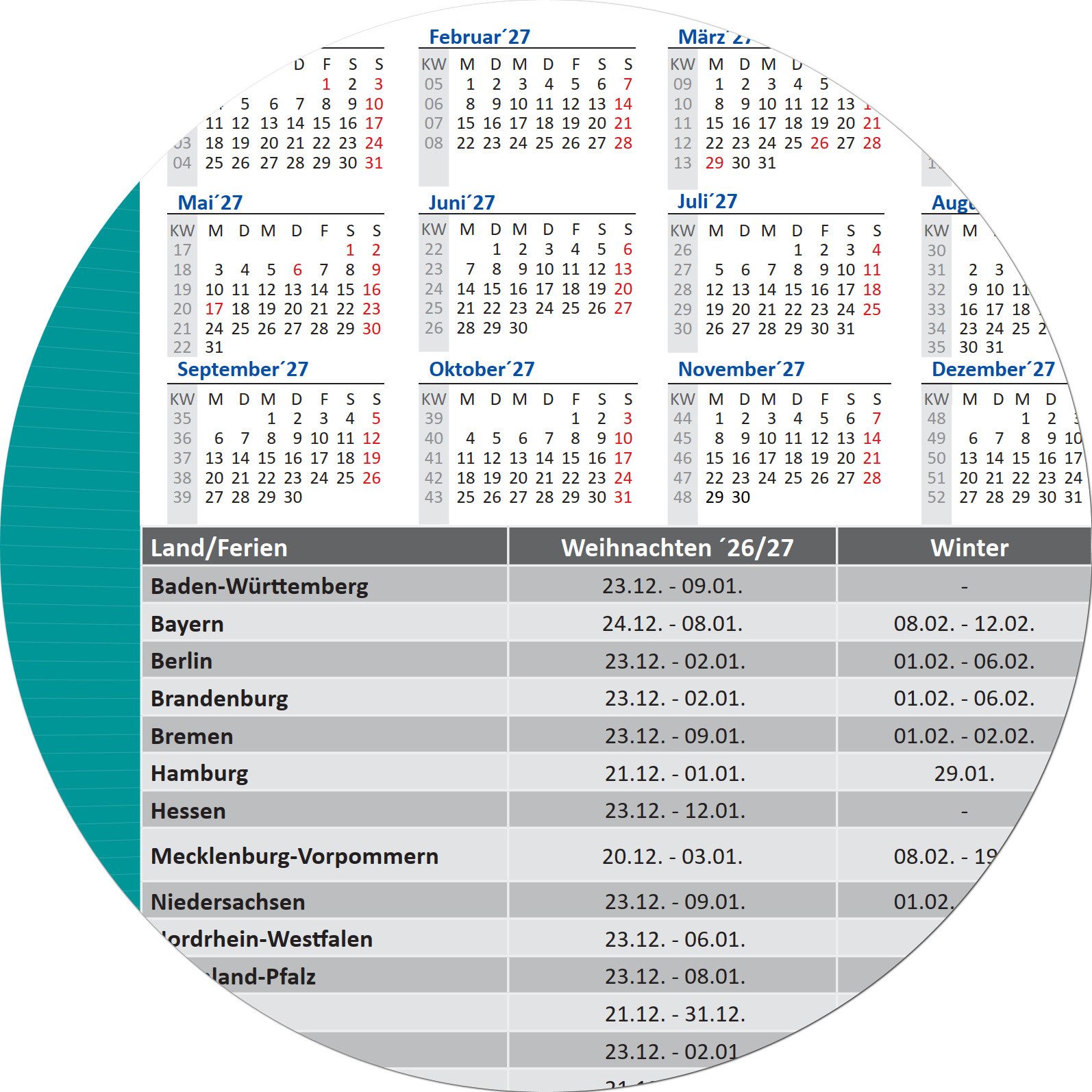 LYSCO Wandkalender Viermonatskalender 2027 - 4 Monatskalender Wandkalender, werbefrei, Feiertage und Ferien-dreisprachig-ENG,DE,AT, ES - Lieferung plano – Bild 5 von 5
