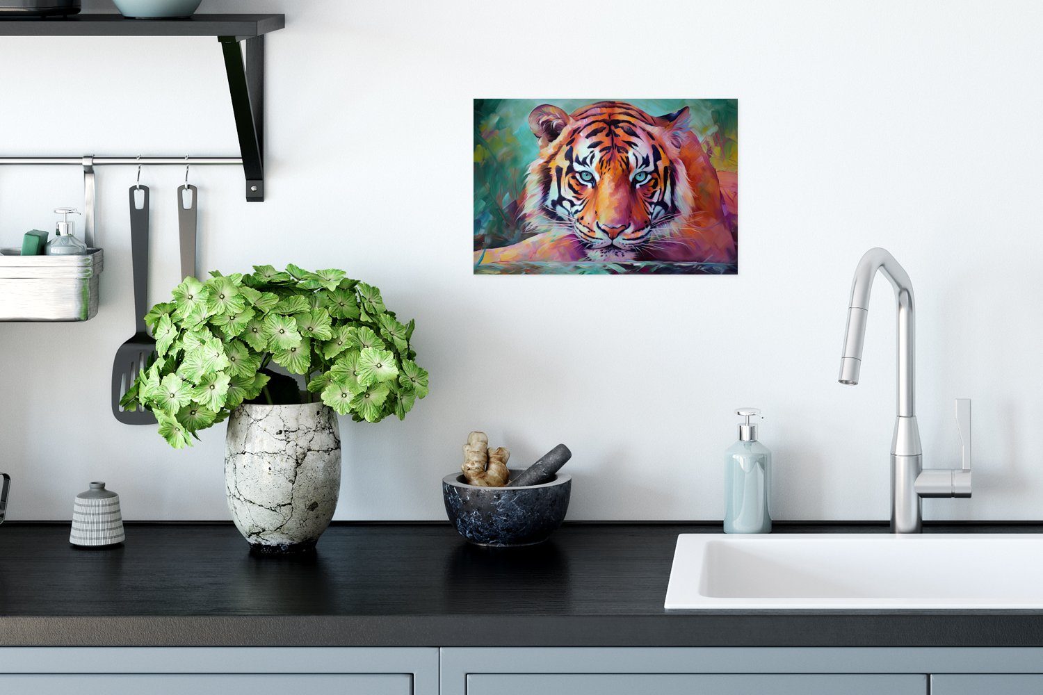 Wandposter Wandbild, Rahmen Poster, - Wohnzimmer, - Poster Tiger für - Ohne Tiere (1 Kunst, MuchoWow St), Ölfarbe