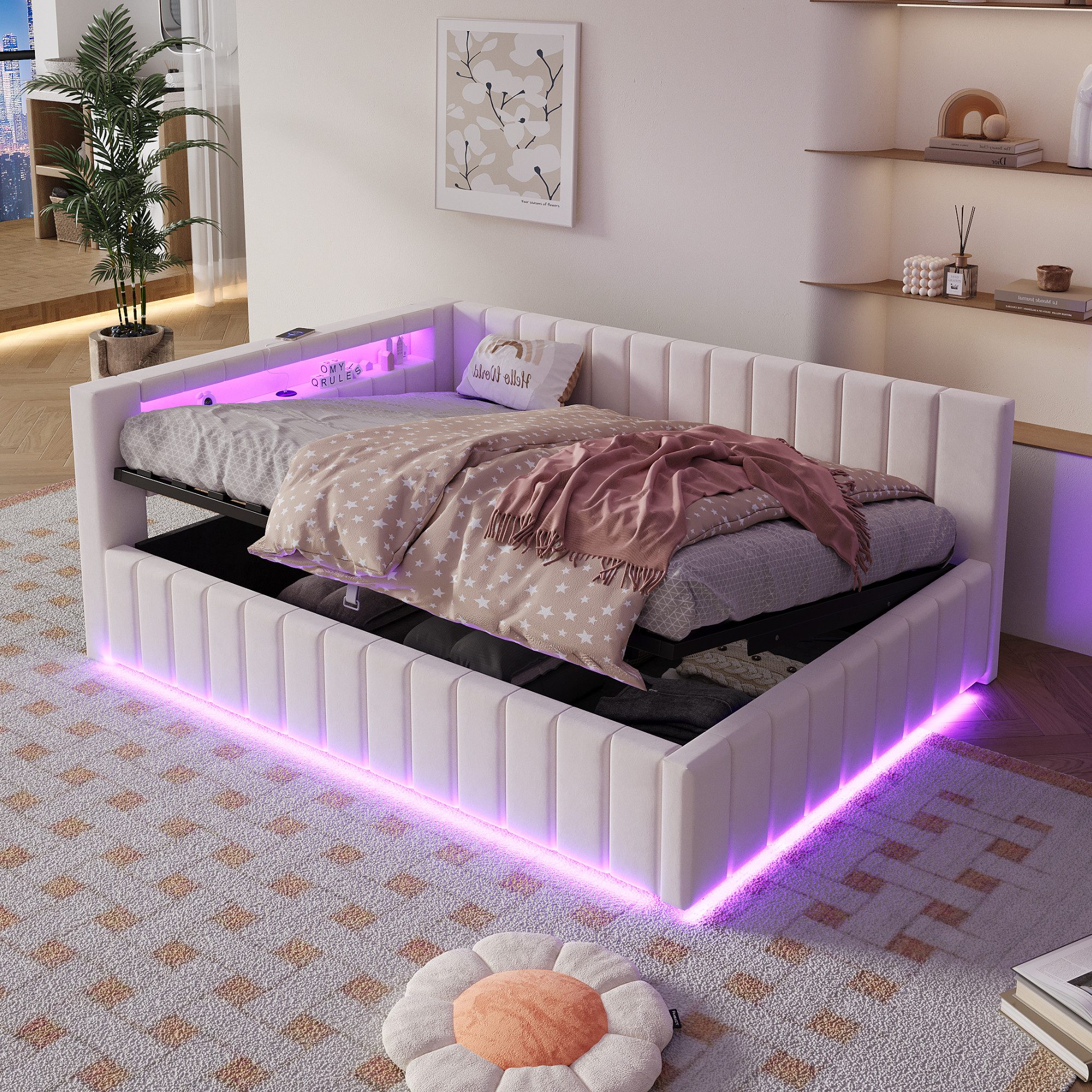 Merax Daybett 140x200 cm mit hydraulischem Stauraum (1 tlg), Polsterbett Tagesbett Schlafsofa mit LED, USB & Rückenlehne, Samt – Bild 4 von 5