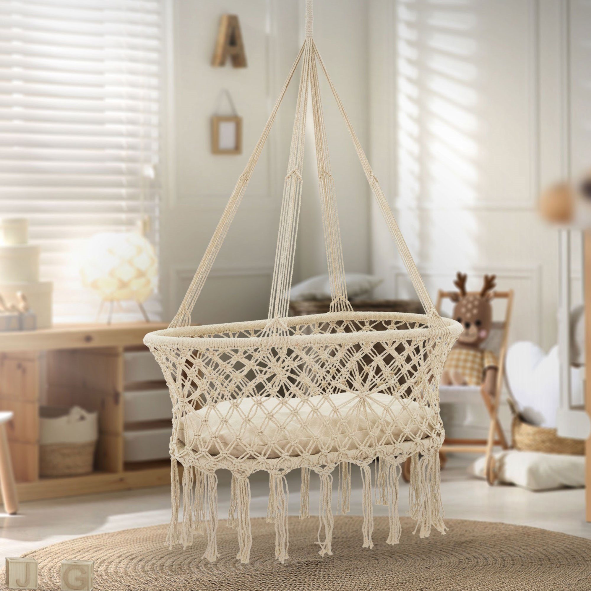 ML-DESIGN Kinderbett Hängekorb Hängewiege Wiegen Federwiege Kinderbett Gitterbett, Beige zum Aufhängen Liegekissen Boho Style Geflochten Deckenhalterung