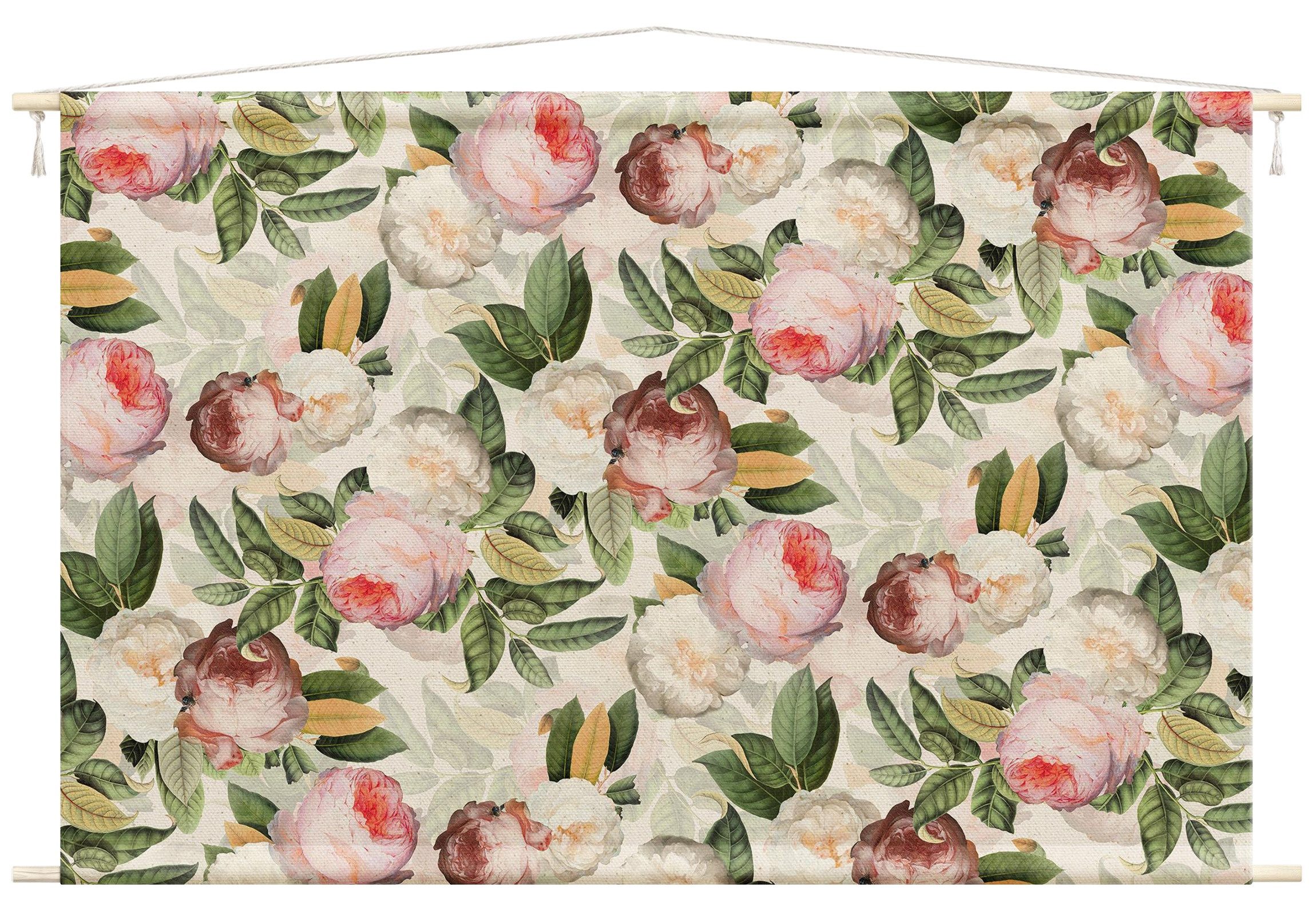 Bilderdepot24 Wandteppich modern Blumen Muster Rosen rosa, rechteckig, Höhe: 2.6 mm, großes Wandbild aus Natur-Baumwolle Wandbehang Stoffbild Tuch Wollseil