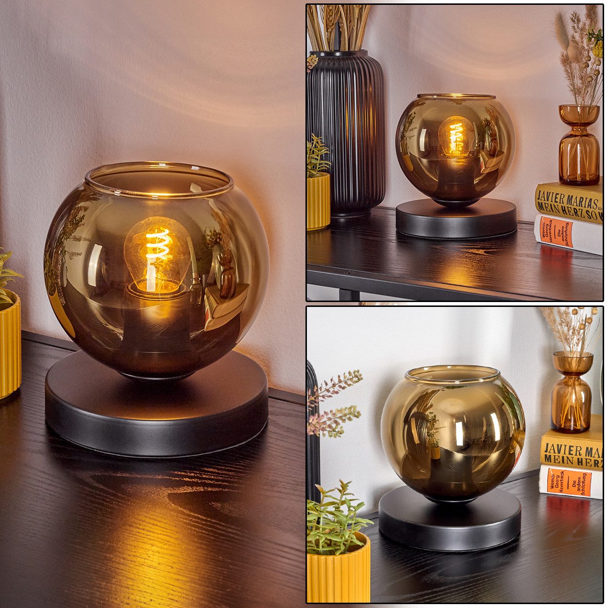 hofstein Tischleuchte Tischlampe aus Metall/Glas in Schwarz/Goldfarben, ohne Leuchtmittel, Leuchte im Retro/Vintage-Design, (15 cm), Schalter am Kabel, E27