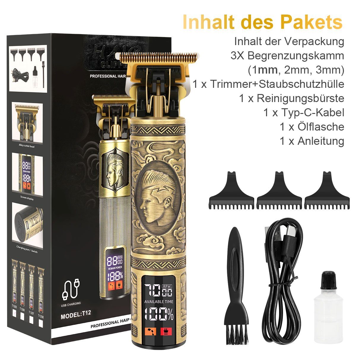 Kabellose Kahle Männer 7Magic Haar- Barbierschere, und für Gold-1205 Haarschneidemaschine Haarschneider Bartschneider, Wiederaufladbare