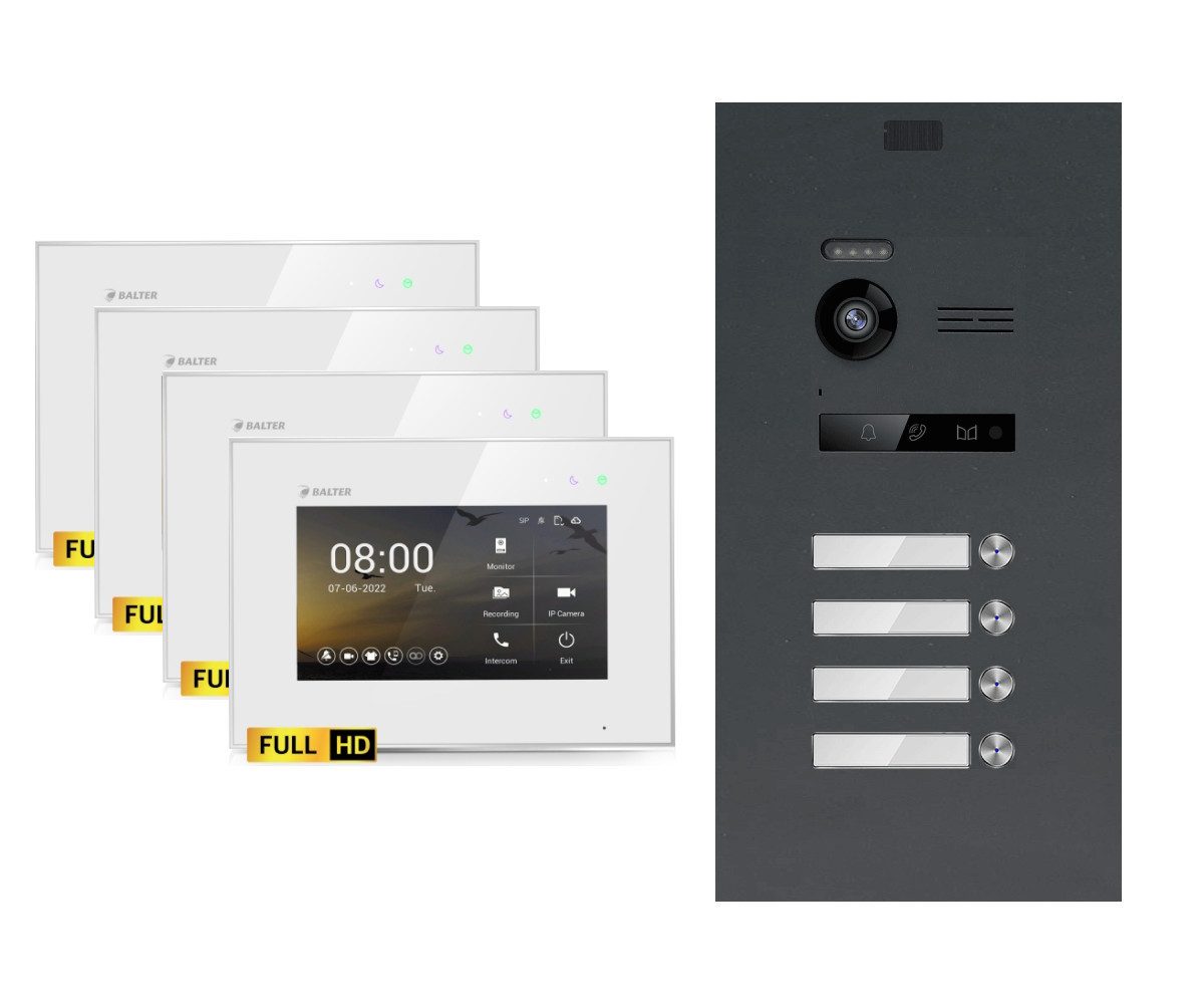 Balter Video-Türsprechanlage EVO-HD Komplettset 4-Familie Anthrazit 4x 7" Monitor Weiß (Set, 4-Familienhaus, Komplettset, FullHD Kamera)