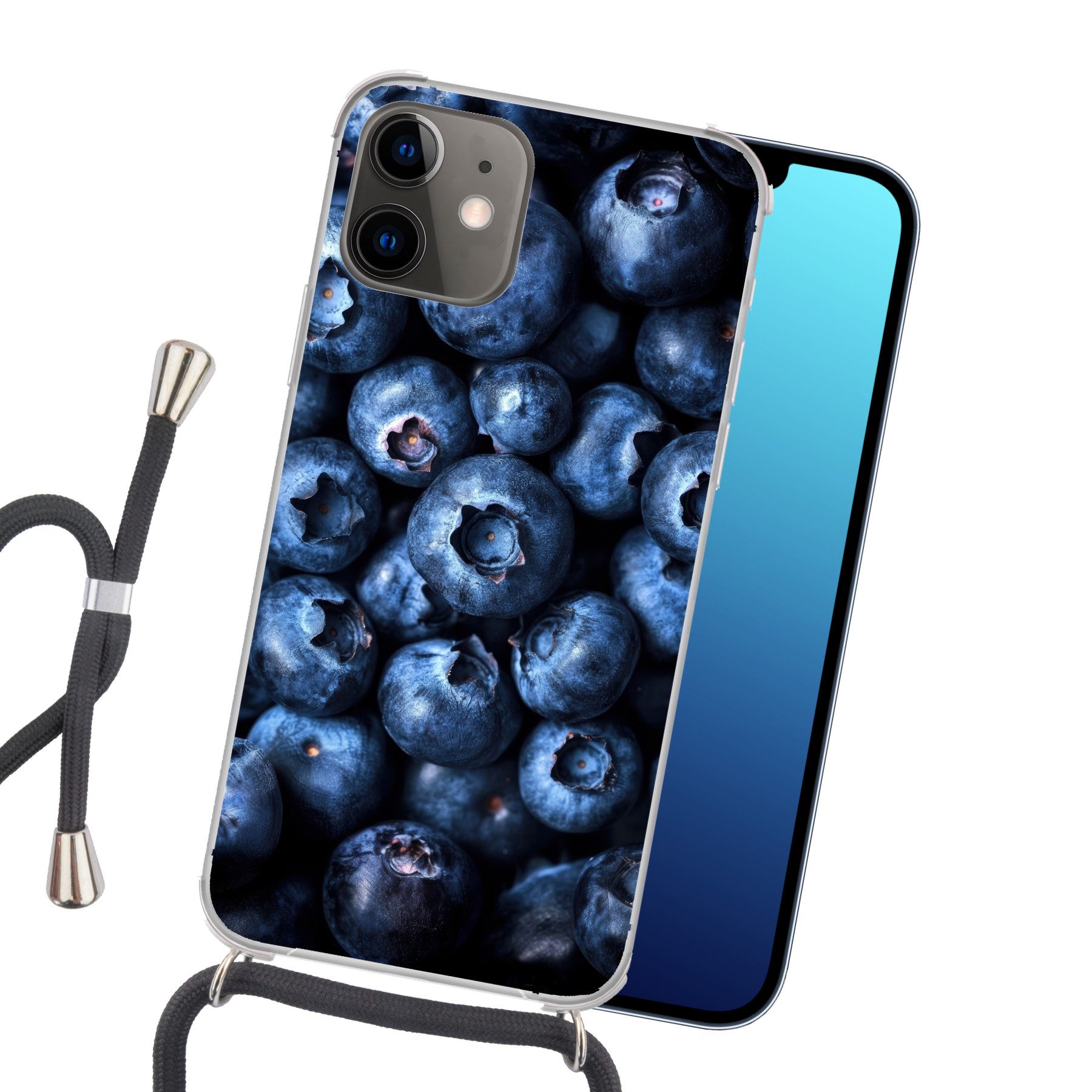 MuchoWow Handyhülle für Apple iPhone 11 Beeren - Blau - Obst, Tragbare Handyhüllen mit Kette zum umhängen, Handykette Handyband