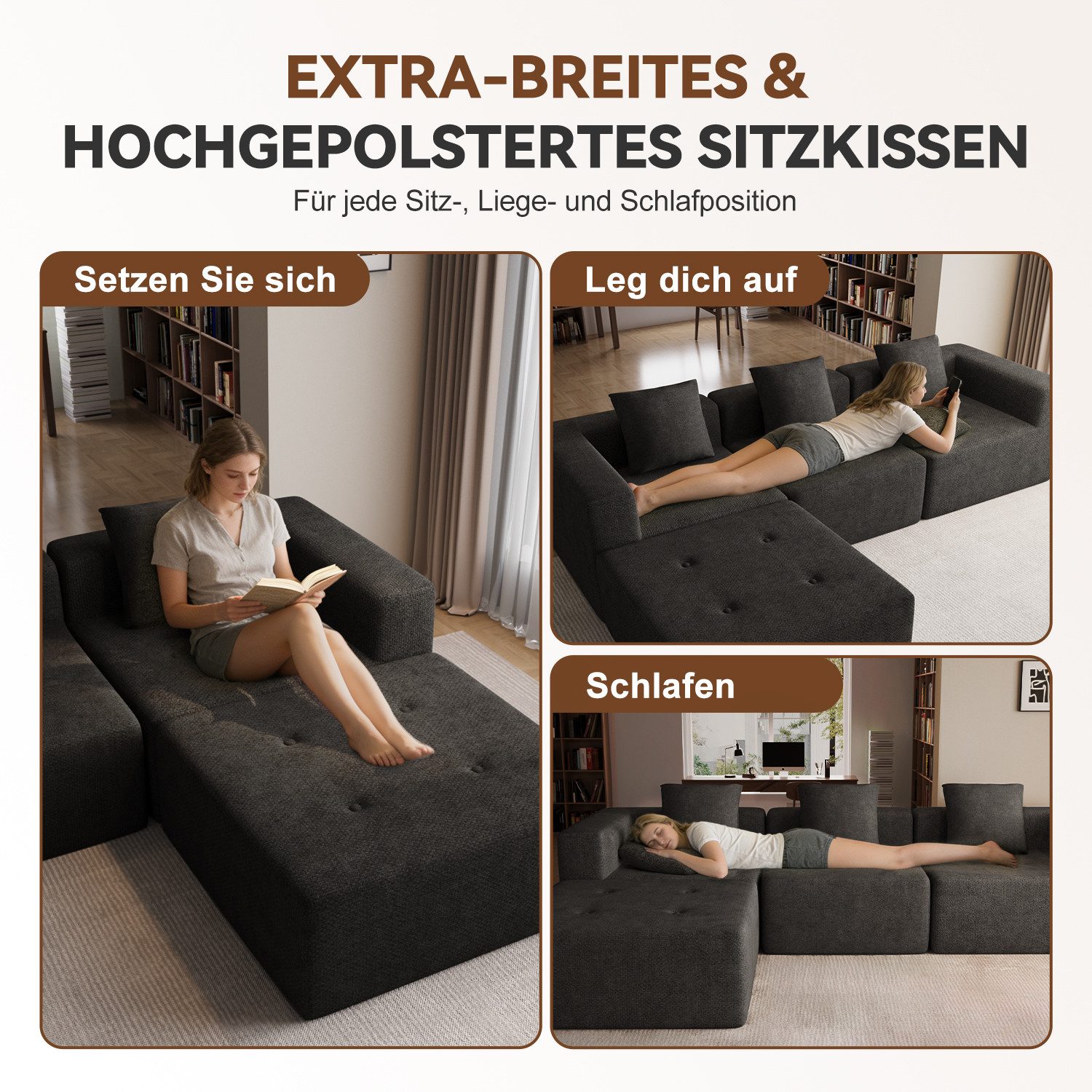 Lexzurn Ecksofa Sofa mit Federkern Widersteht dem Durchsitzen, B: 258.5cm Schlafsofa, mit großer Chaiselongue & 3 Zierkissen, Chenille-Struktur keine Montage er – Bild 4 von 5