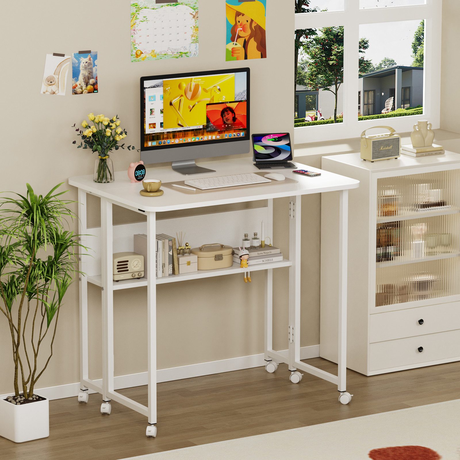 JEOBEST Computertisch Kleiner Schreibtisch klappbar mit Stauraum und Rollen, (1-St. 80x60cm) Arbeitstisch, für Homeoffice