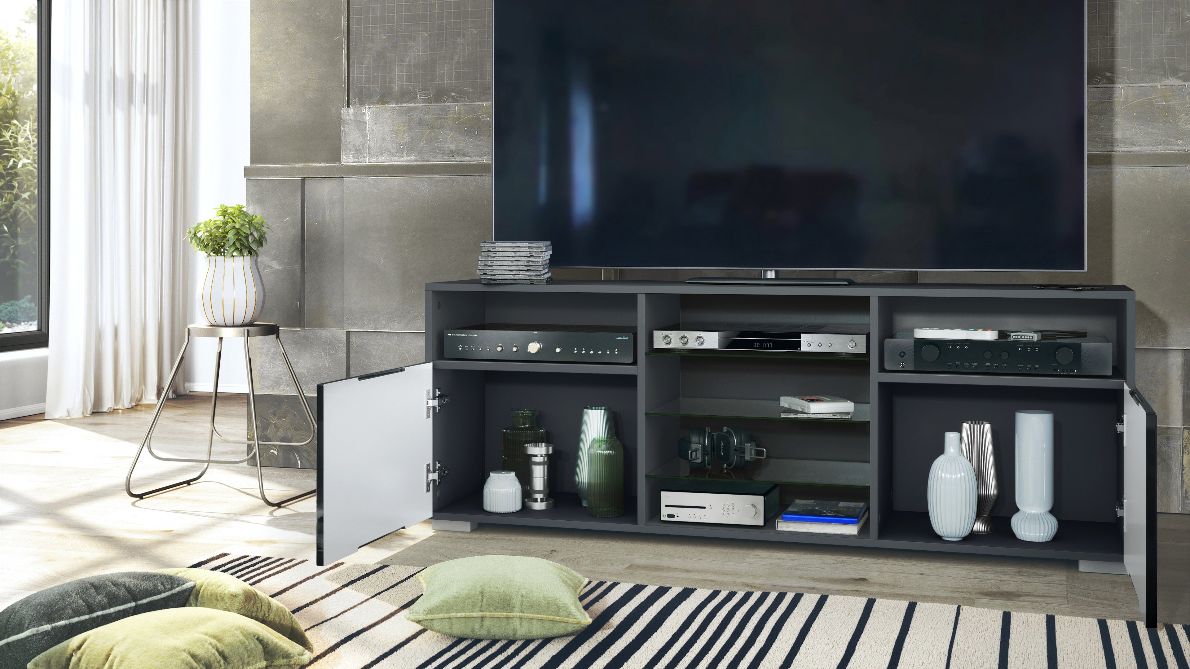 Vladon Lowboard Granada (TV-Kommode, mit 2 Türen und 6 offenen Fächern), Anthrazit matt, Denim matt