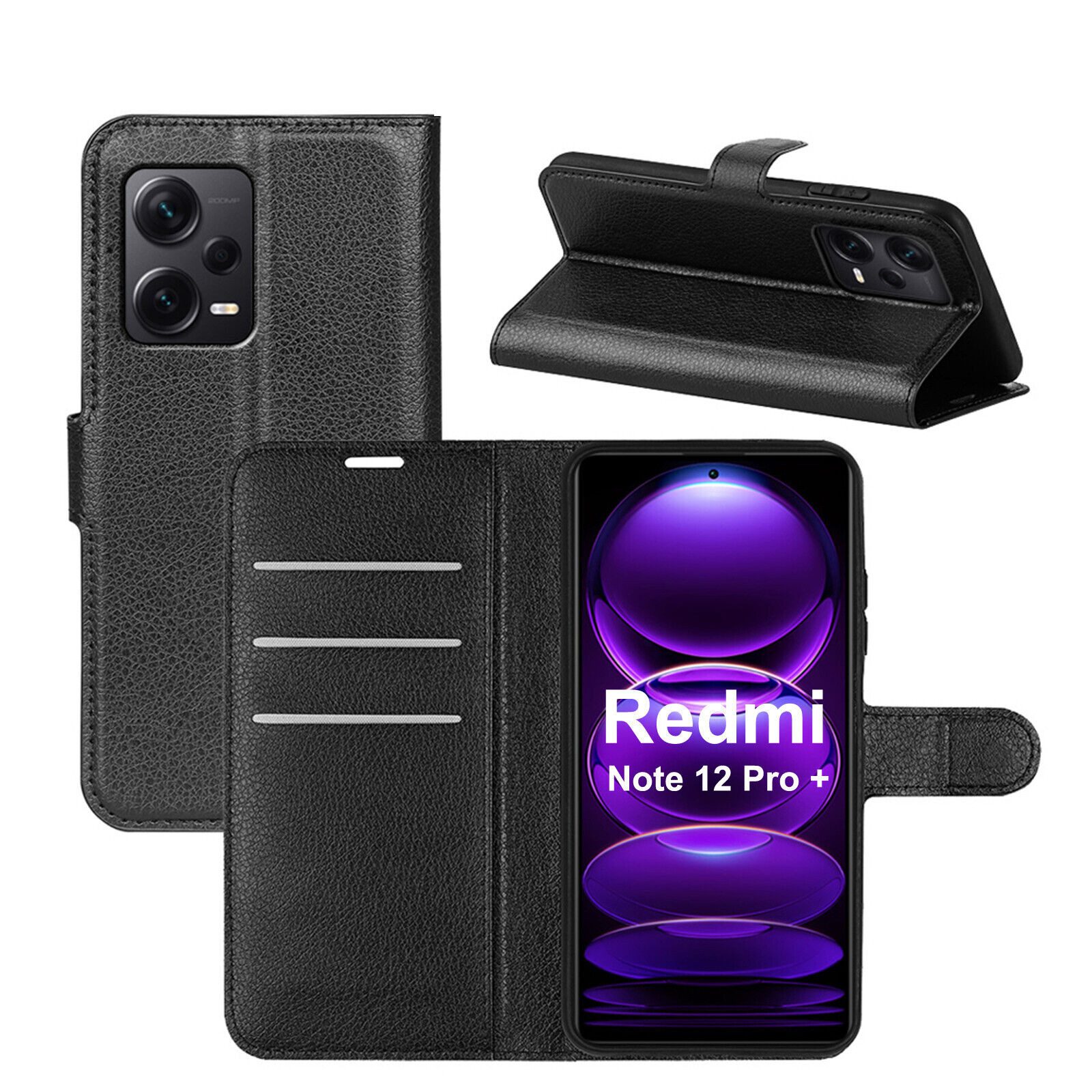 betterfon Handyhülle Handytasche für Xiaomi Redmi Note 12 Pro+ Schwarz, 3 Kartenfächer, Magnetverschluss & Standfunktion im Lederlook