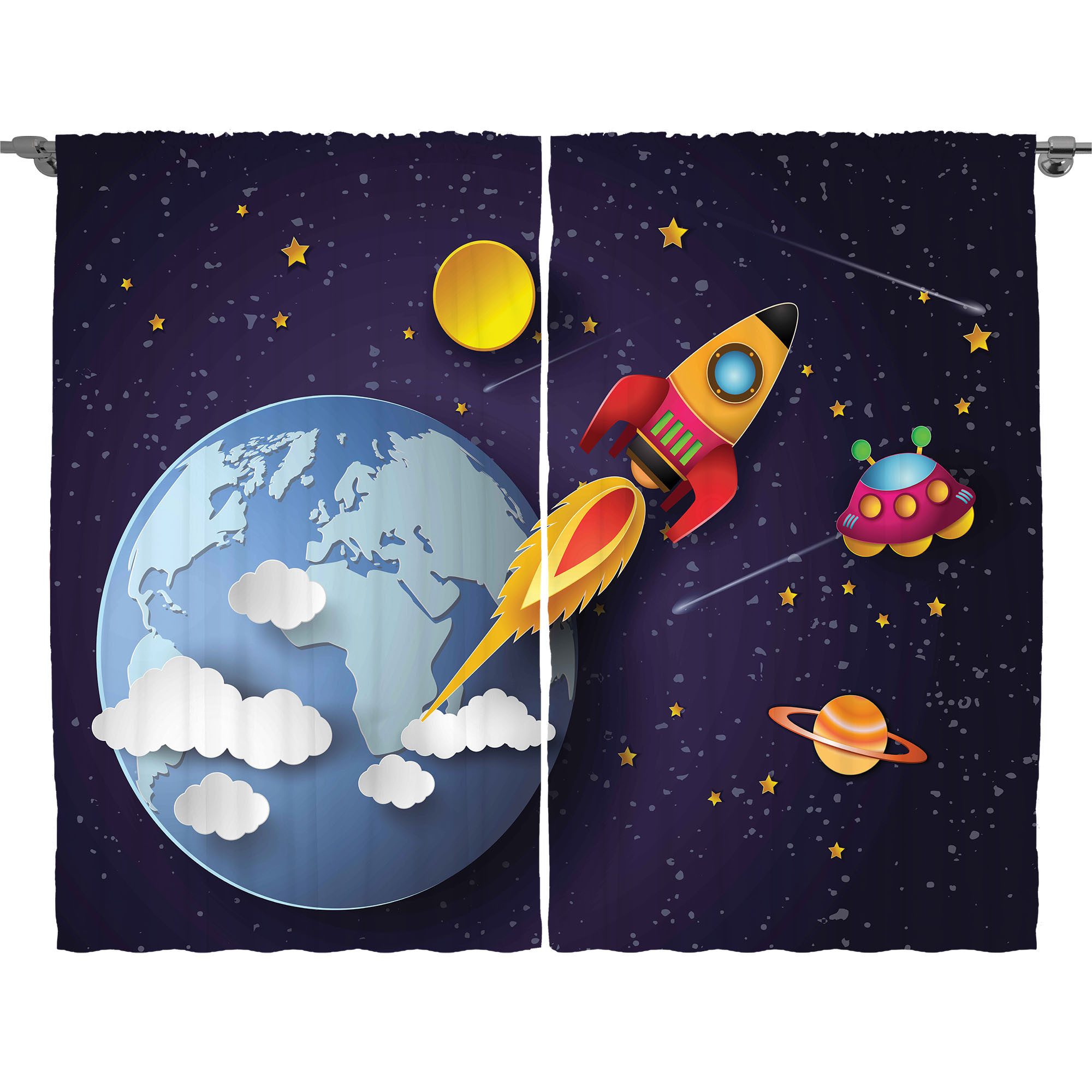Abakuhaus Gardine Schlafzimmer Kräuselband Vorhang mit Schlaufen und Haken, Platz Rakete Erde Sterne UFO