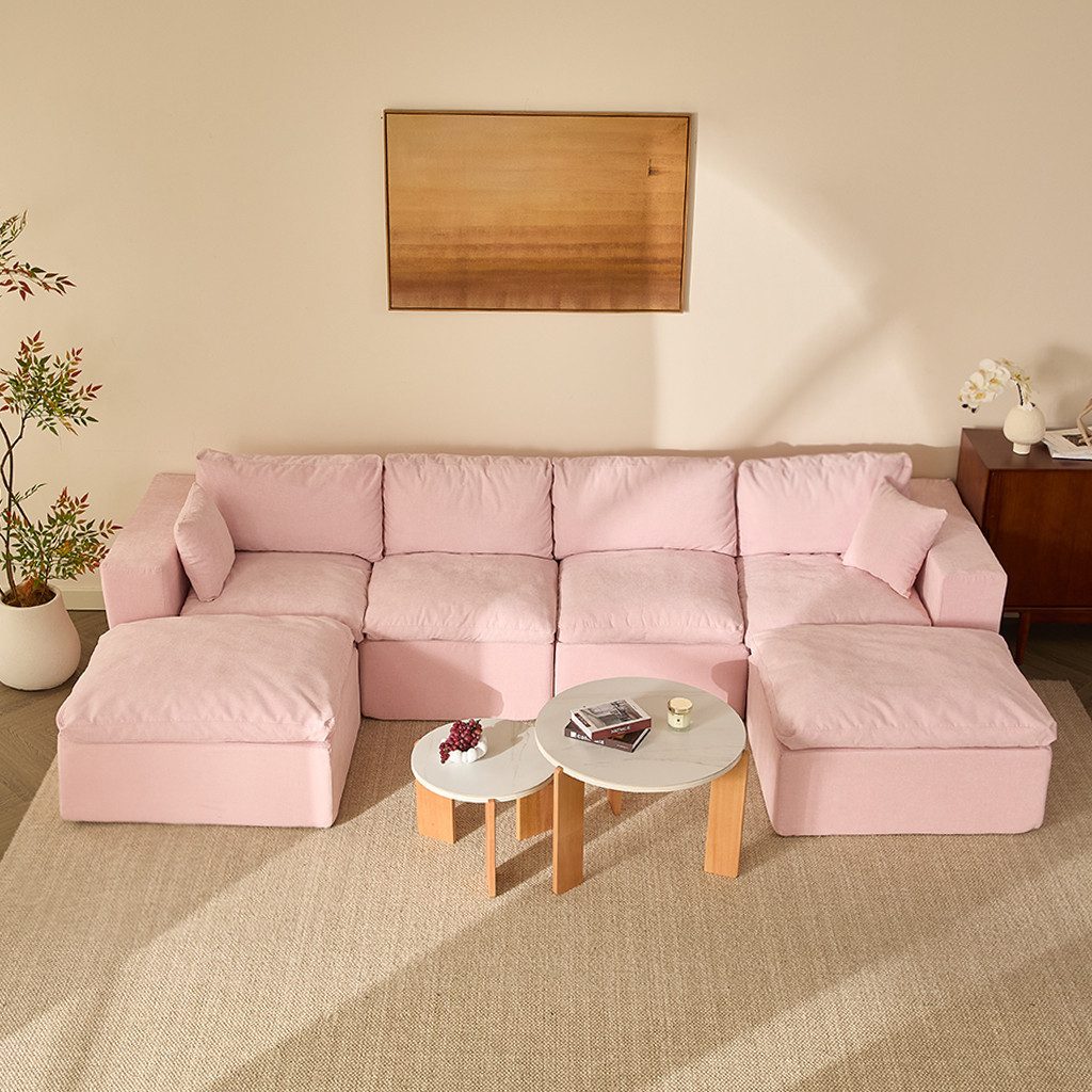 LITBIRD Sofa Ecksofa mit Schlaffunktion, extra tiefe Sitzfläche, Chenille-Bezug, 6 Teile, Modulares U-Form Sofa 340 cm, moderne Couch, ohne Montage