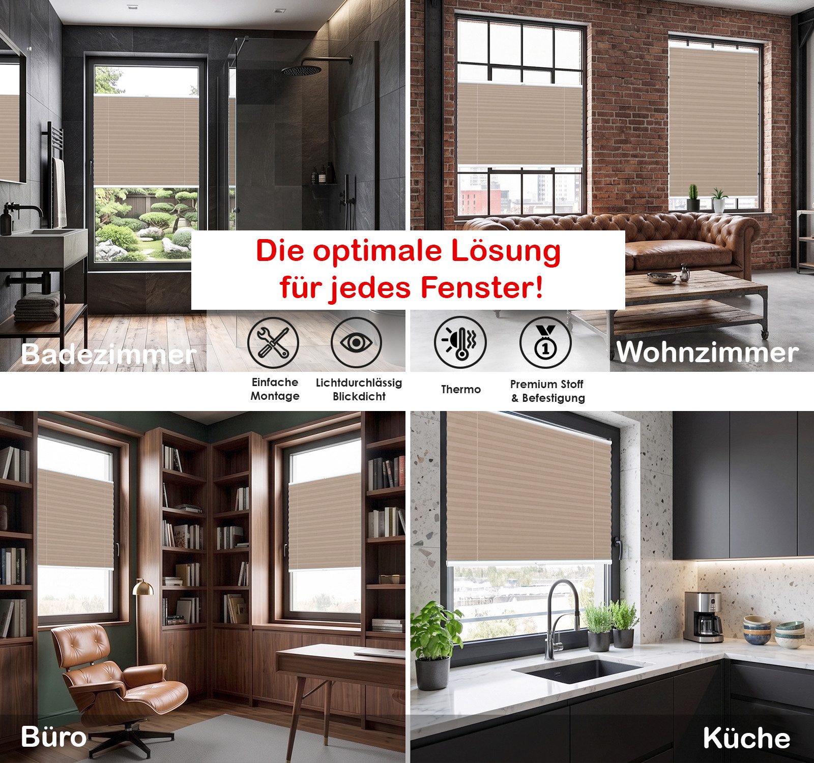 Rikmani Plissee Thermo Klemmfix ohne Bohren Graubeige 40x100 cm, blickdicht, Klemmfix, Thermo-Wärmeschutz, blickdicht, Stufenlos