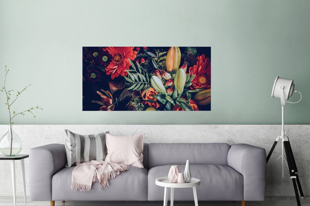 Wanddeko Blumen Ohne Wandposter, Poster St), - Pflanzen Bild Schlafzimmer, Blumenstrauß MuchoWow - (1 Rahmen, - Rot, Wohnzimmer, - für Stilleben