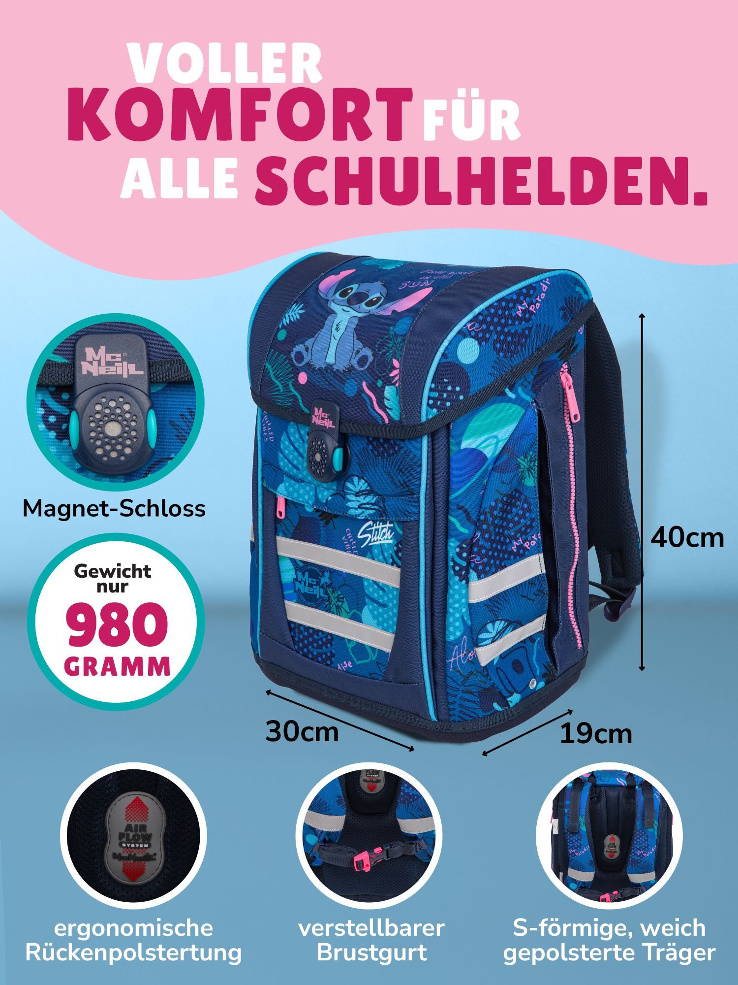 McNeill Schulranzen Schulranzen Disney Stitch Schultaschen Set Mädchen 1. Klasse (Set, 6-tlg., inkl. Federmäppchen & Geldbeutel), mit Brustgurt, 980 Gramm leicht, 18L Volumen