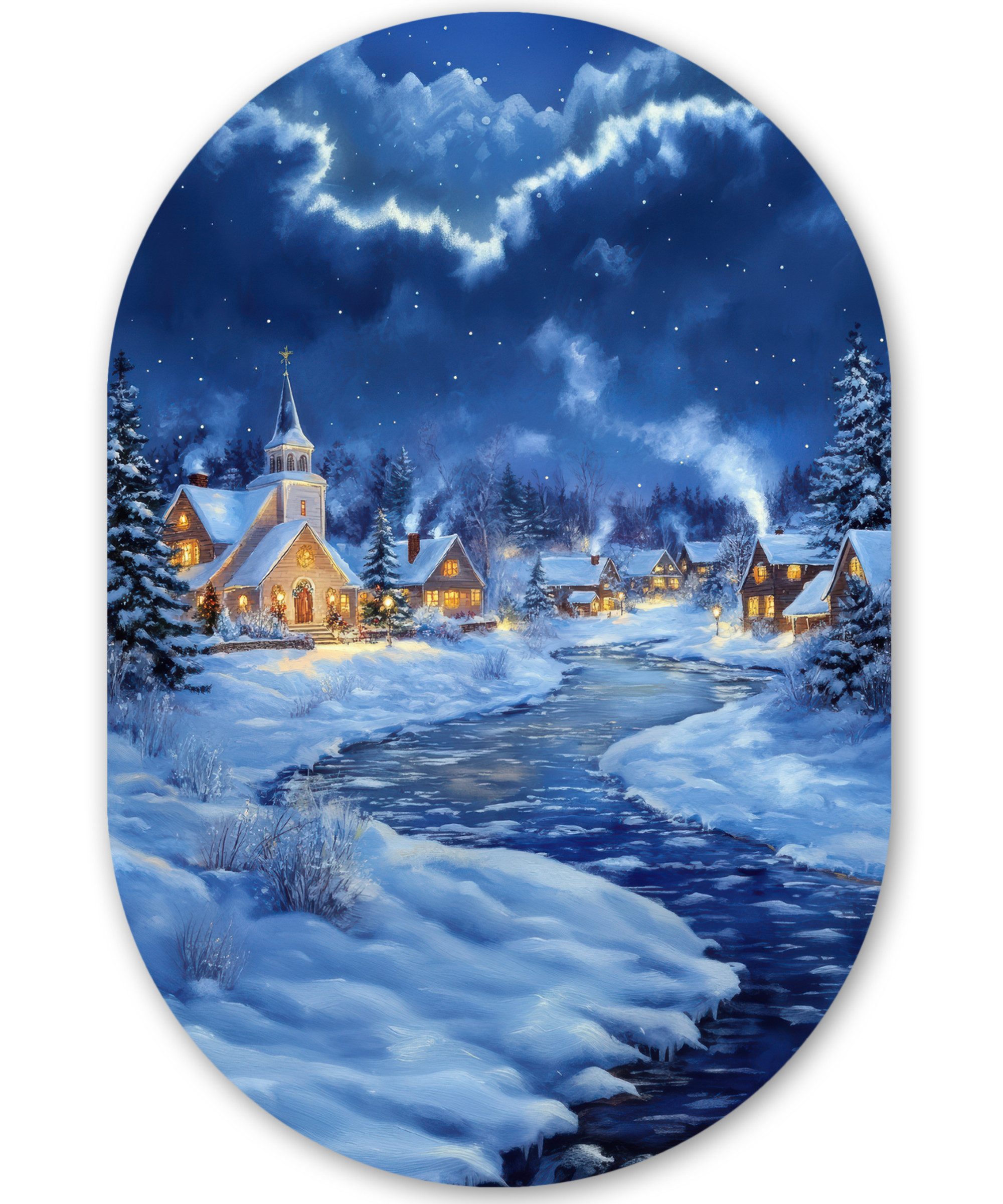 MuchoWow Gemälde Winterabend - Weihnachtsdorf - Dunkelheit, Fotodruck (1 St), Wandbild Oval, Wohnzimmer oder Schlafzimmer Wanddekoration, 40x60 cm