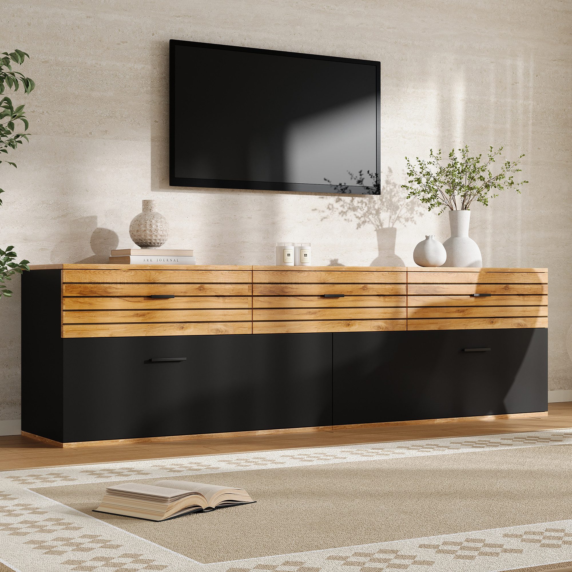 HAUSS SPOLE TV-Schrank mit drei Schubladen,Fernsehtisch TV-Regal für Fernseher bis zu 65 Zoll (Fernsehschrank TV-Ständer mit Wellenmuster für Wohnzimmer oder Schlafzimmer) Medienschrank mit drei Schubladen in Holzoptik und Dämpfungsstruktur