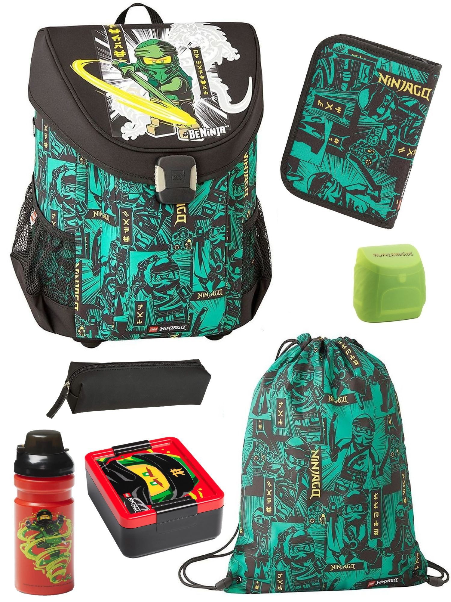 LEGO® Bags Schulranzen Lego Ninjago Schultasche Easy Green ab der 1. Klasse (Set, 7-tlg., inkl. Federmappe, Ninjago Brotdose und Trinkflasche), ergonomisch, 790 Gramm leicht, mit Brustgurt, Ninja Lloyd