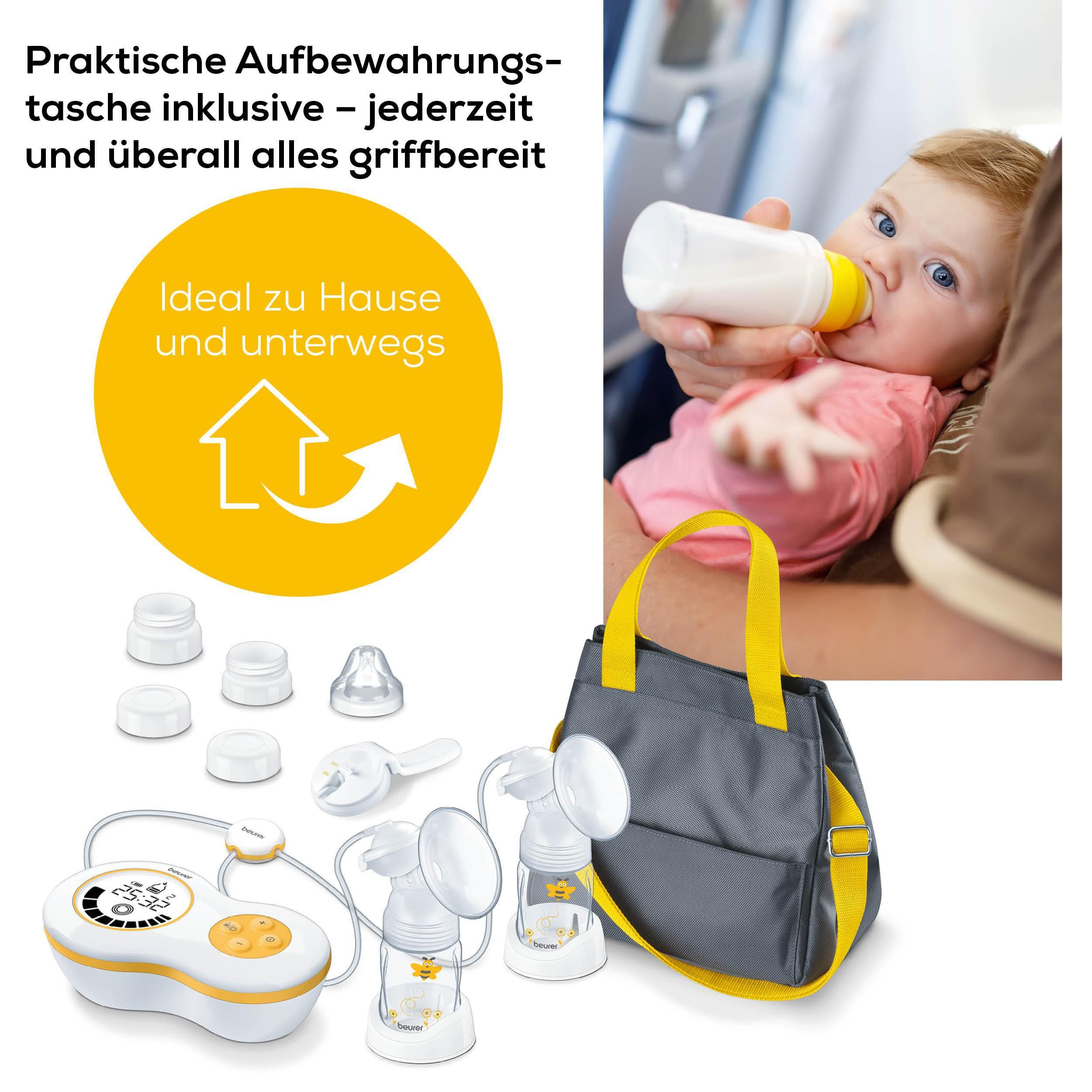 BEURER Elektrische Doppelmilchpumpe BY 70 inkl. Handpumpe, Für beid- und einseitiges Abpumpen geeignet, 10 Stimulationsstufen
