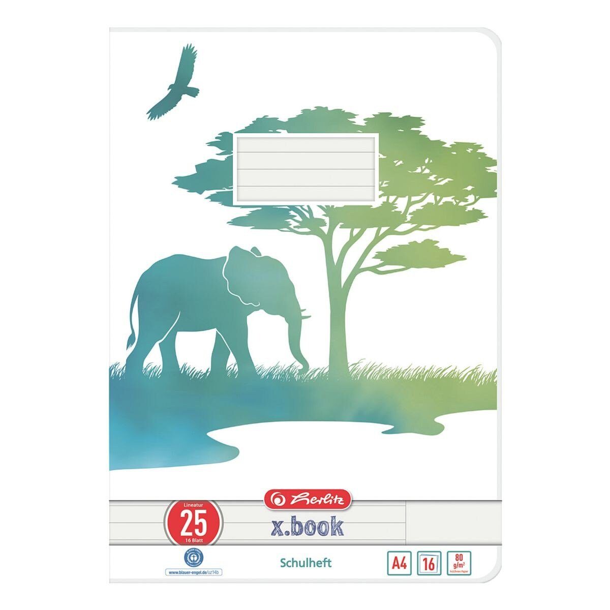 Herlitz Schulheft GREENline Elefant, A4, liniert (Lineatur 25) mit Rand, Recycling, ungelocht, 16 Blatt