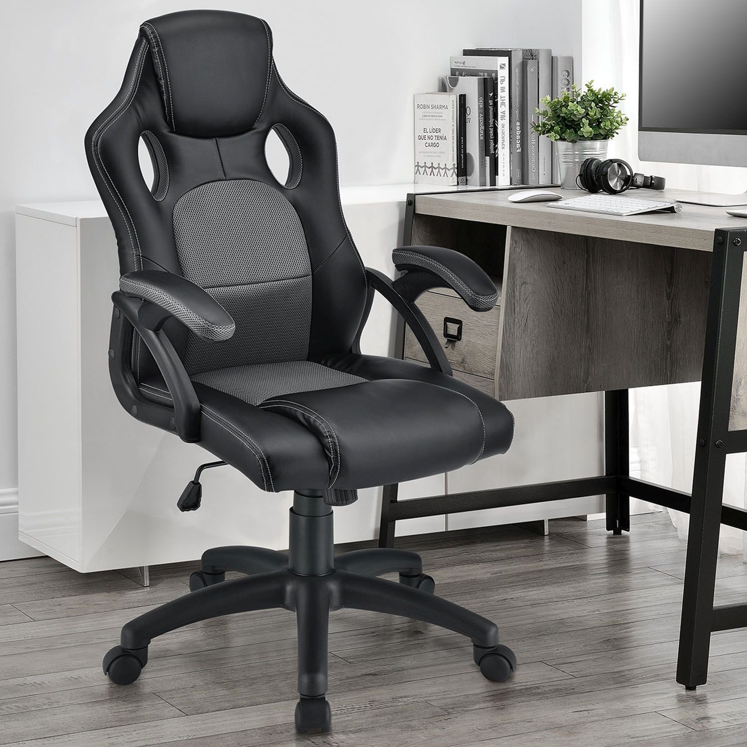 Rückenlehne Grau Sitzfläche, kippbar Montreal, Juskys Ergonomisch Schwarz, geformte und Sitzfläche Gaming-Stuhl