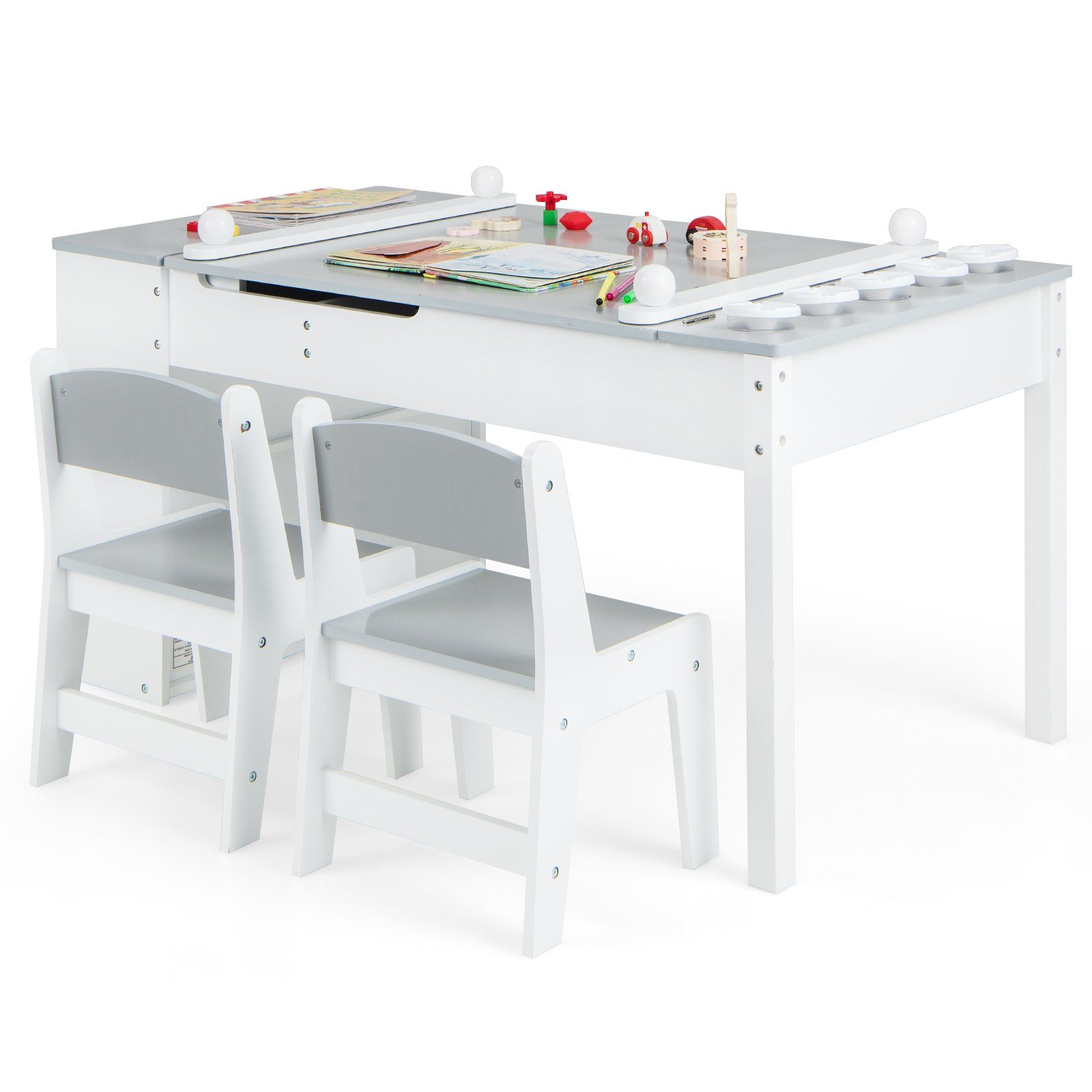 COSTWAY Kindersitzgruppe 3 TLG, Tisch mit 2 Stühlen & Stauraum, ab 3 Jahren